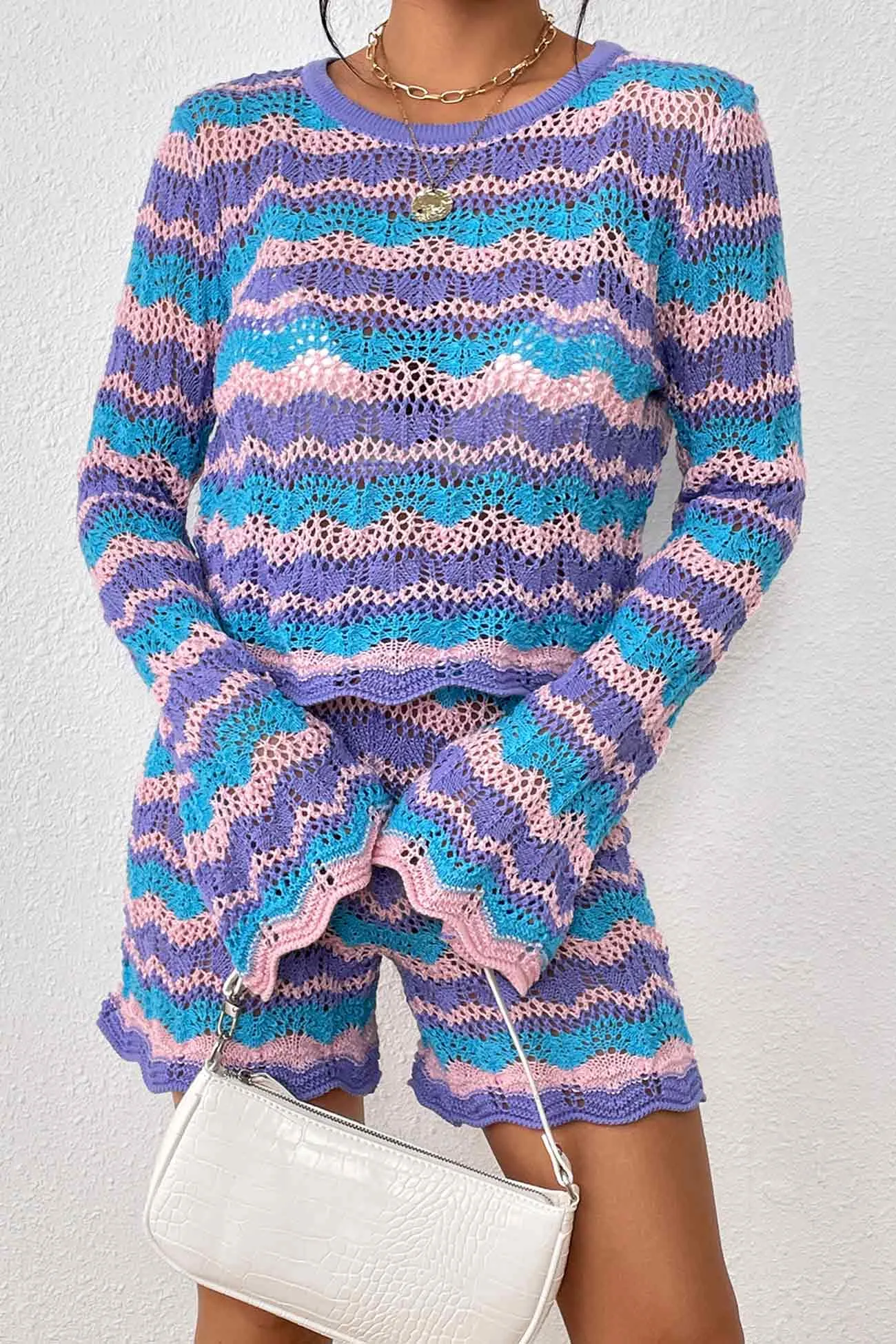 Contrast Patchwork Hollow Out Sweater Shorts Set