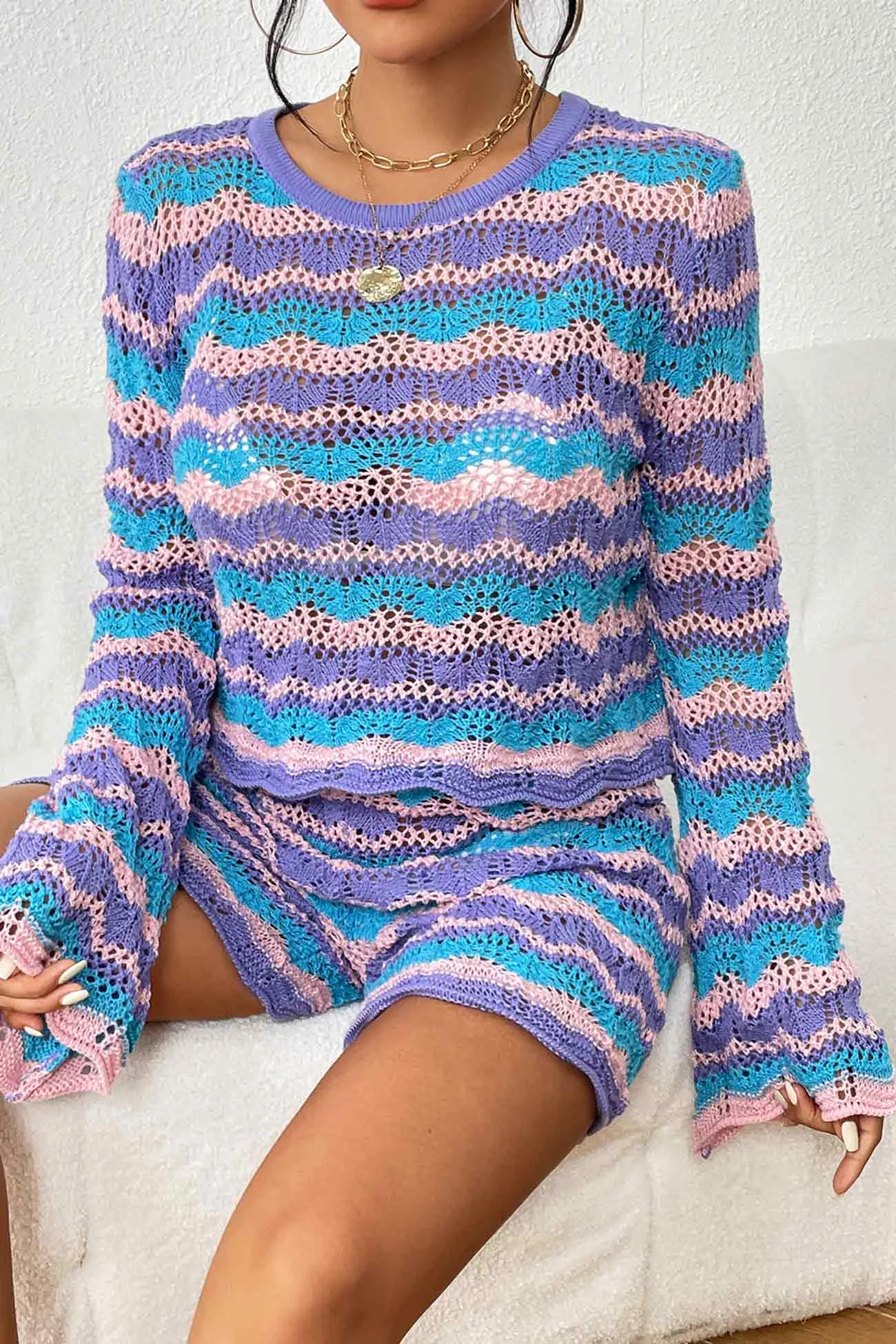 Contrast Patchwork Hollow Out Sweater Shorts Set
