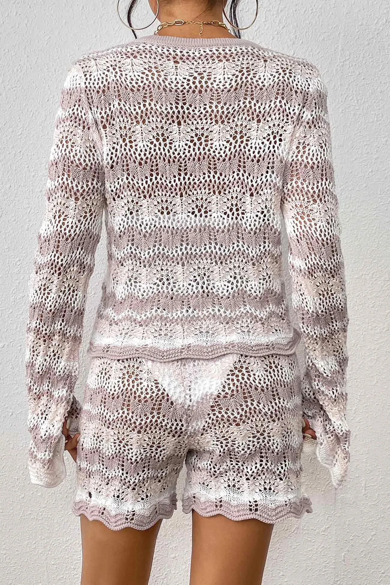 Contrast Patchwork Hollow Out Sweater Shorts Set
