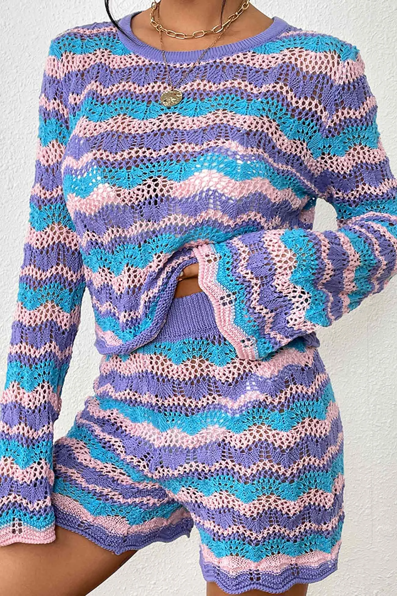 Contrast Patchwork Hollow Out Sweater Shorts Set