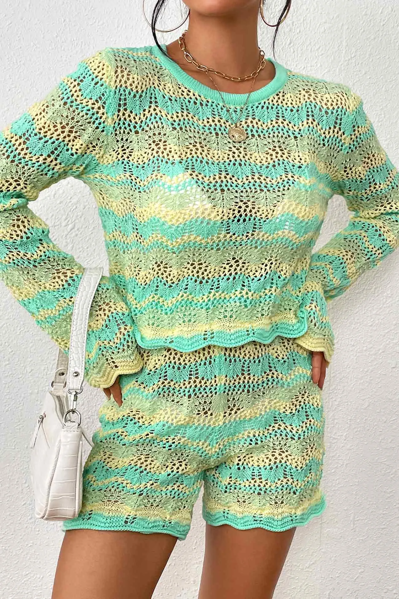 Contrast Patchwork Hollow Out Sweater Shorts Set