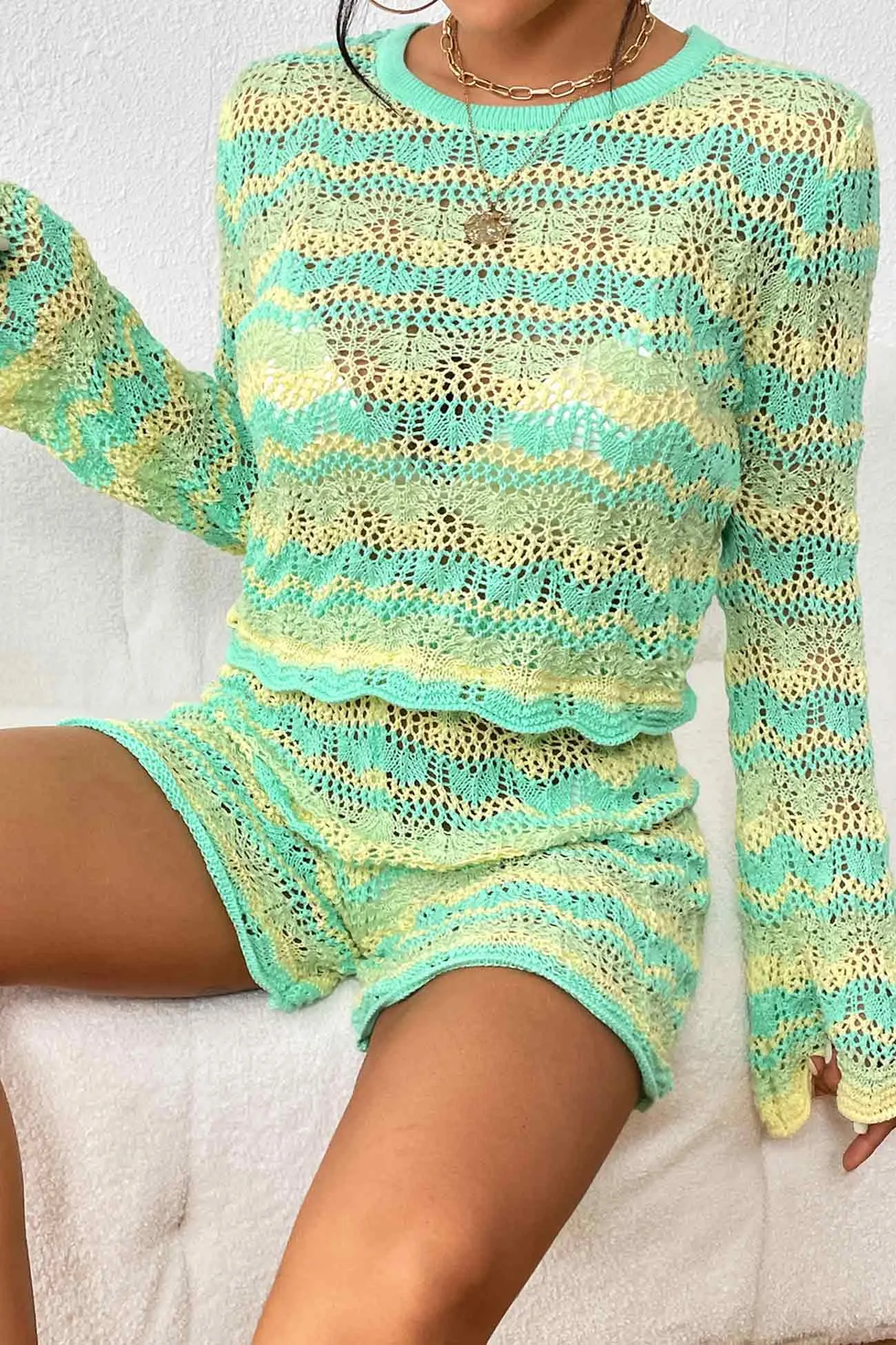 Contrast Patchwork Hollow Out Sweater Shorts Set