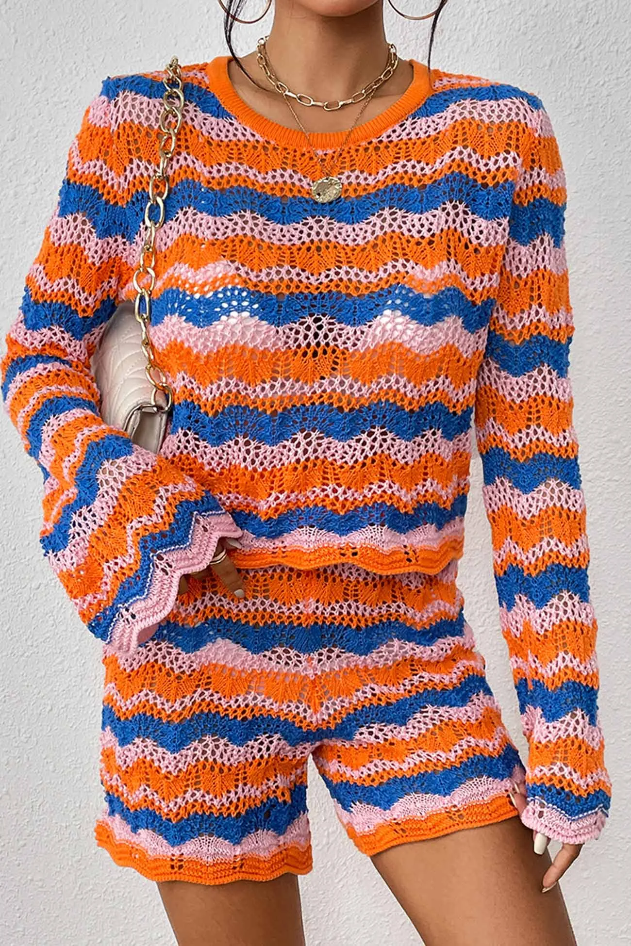Contrast Patchwork Hollow Out Sweater Shorts Set