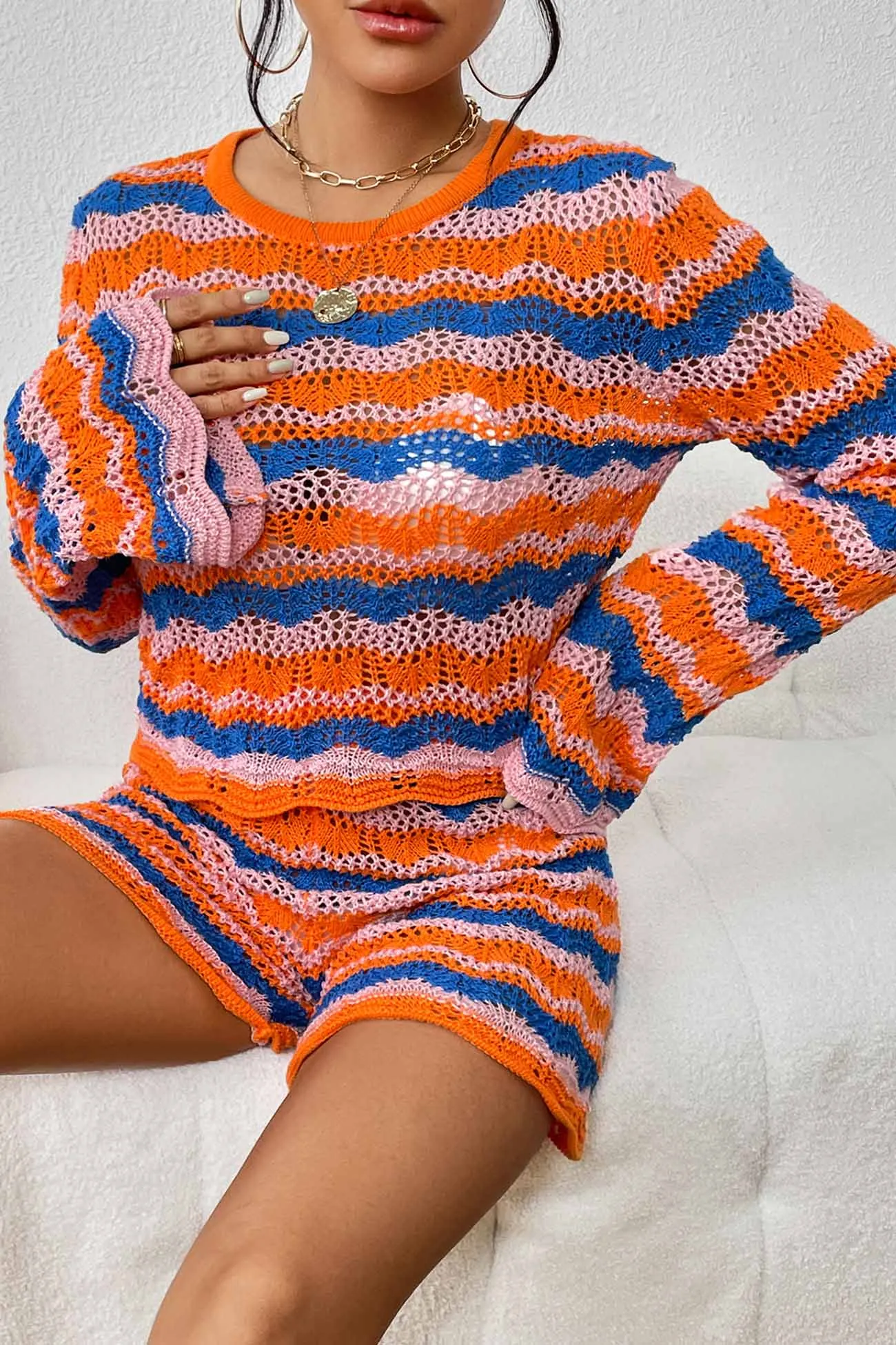 Contrast Patchwork Hollow Out Sweater Shorts Set