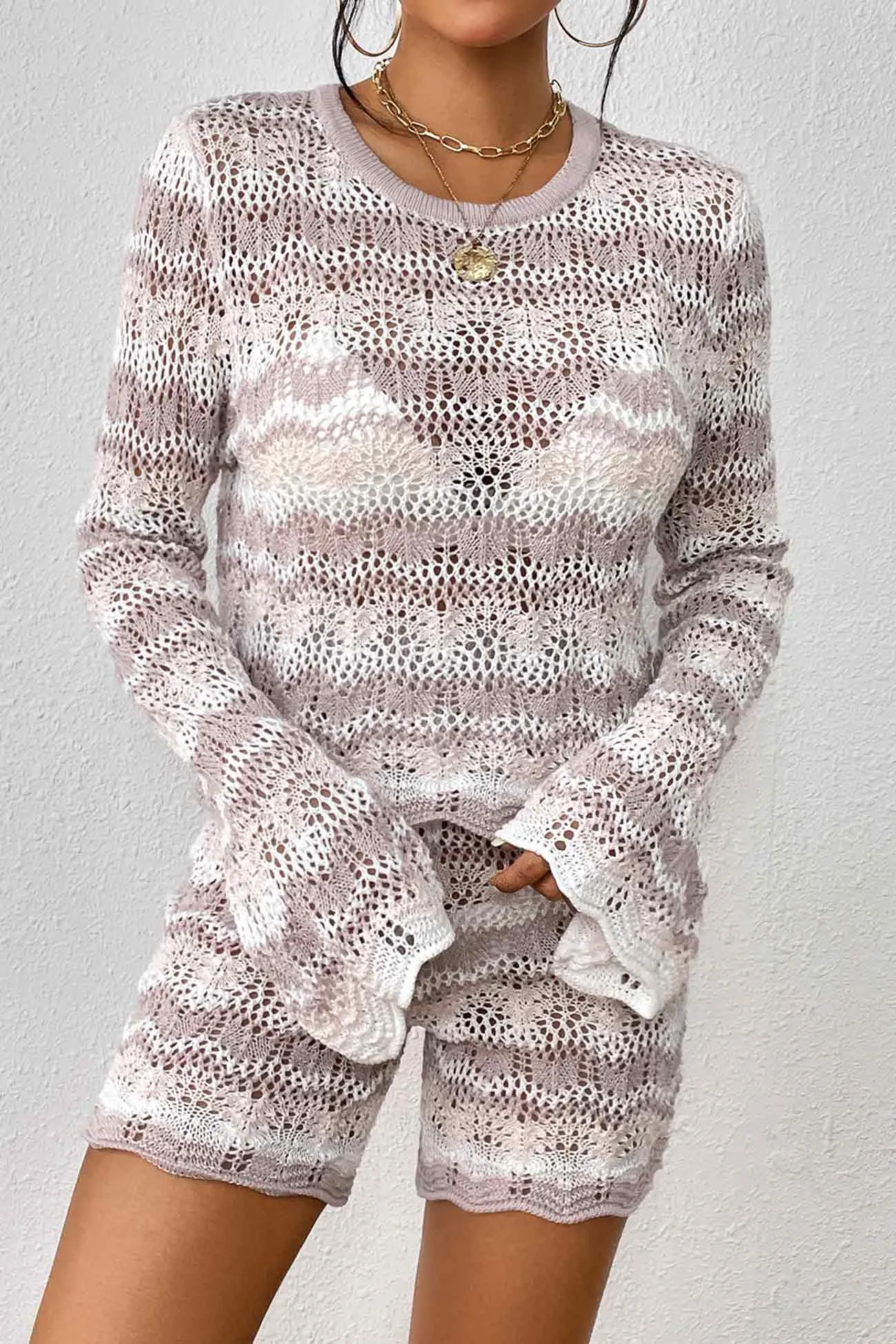 Contrast Patchwork Hollow Out Sweater Shorts Set