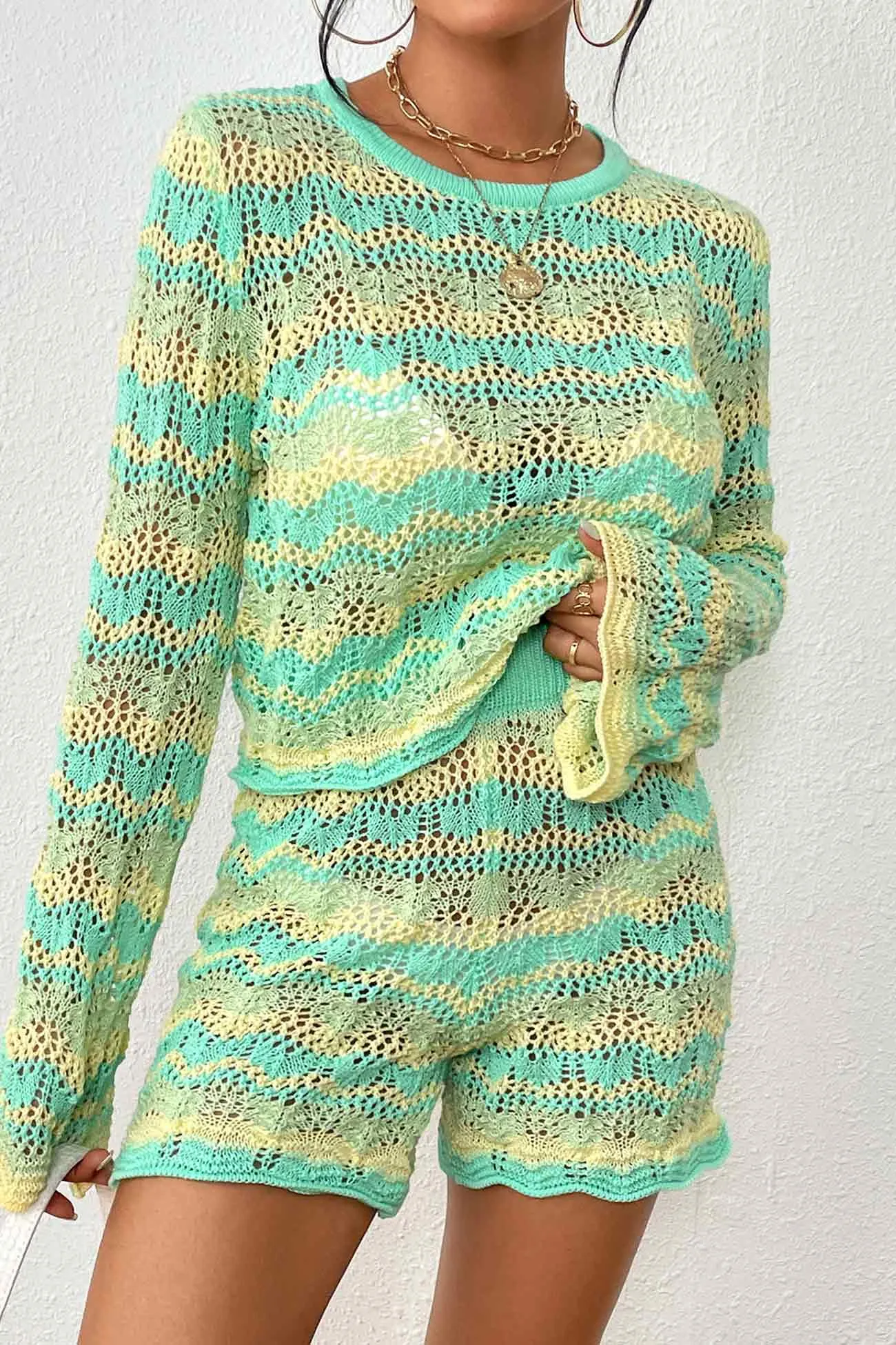 Contrast Patchwork Hollow Out Sweater Shorts Set
