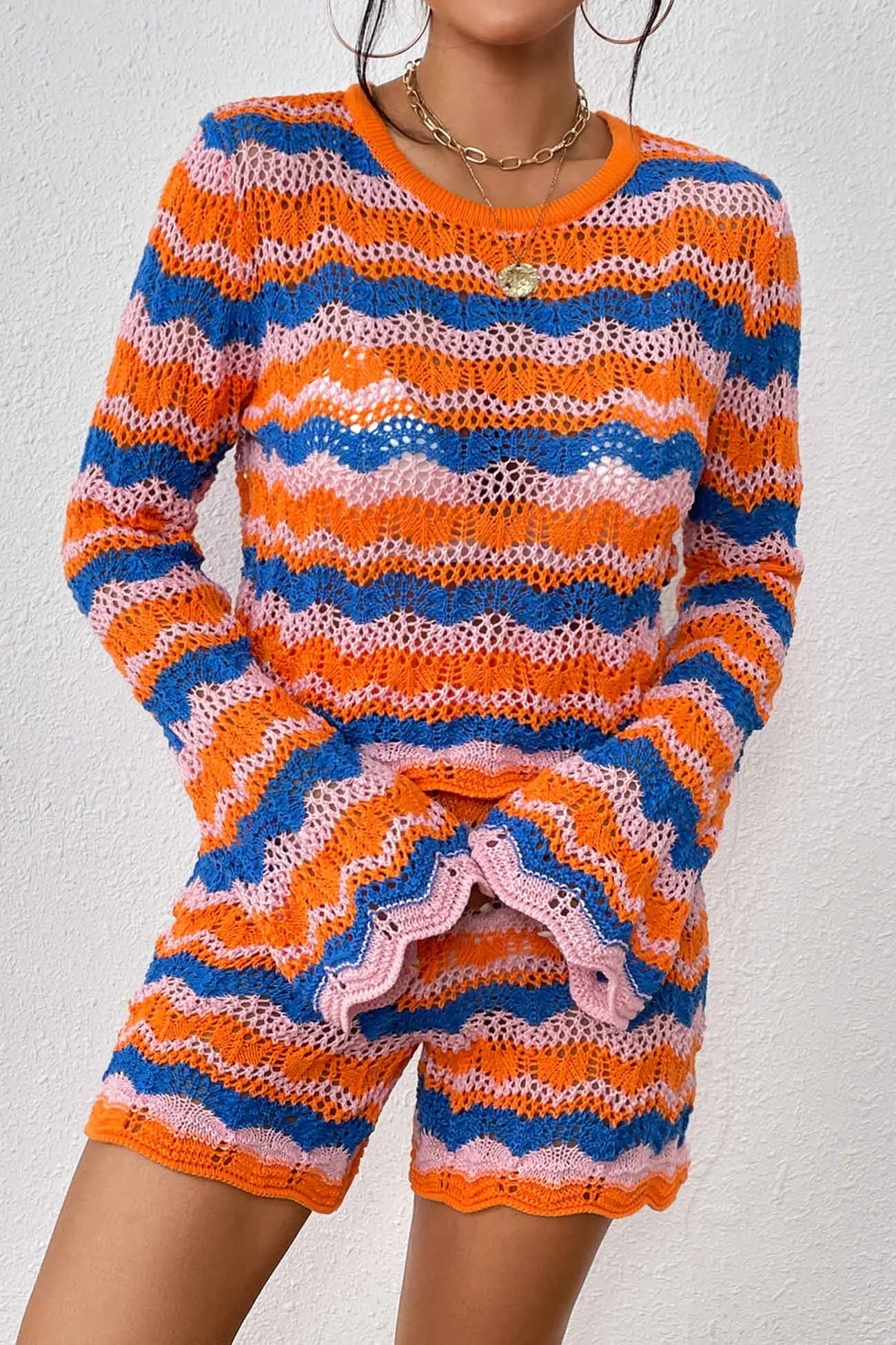 Contrast Patchwork Hollow Out Sweater Shorts Set