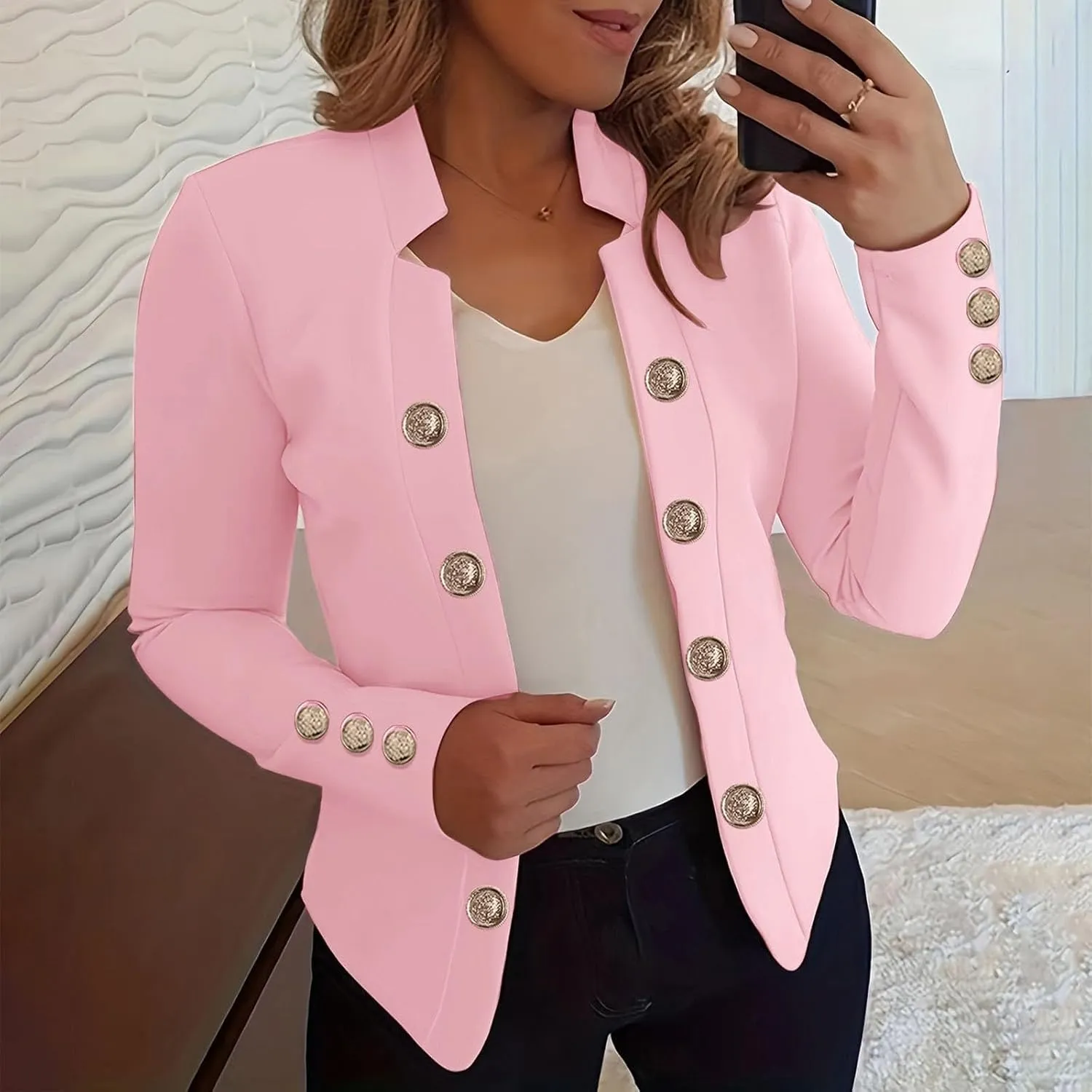 cooki Blazers for Women Business Casual 2024 Fall Long Sleeve Notch Cardigans Open Front Button Dressy Cropped Blazer Jackets
