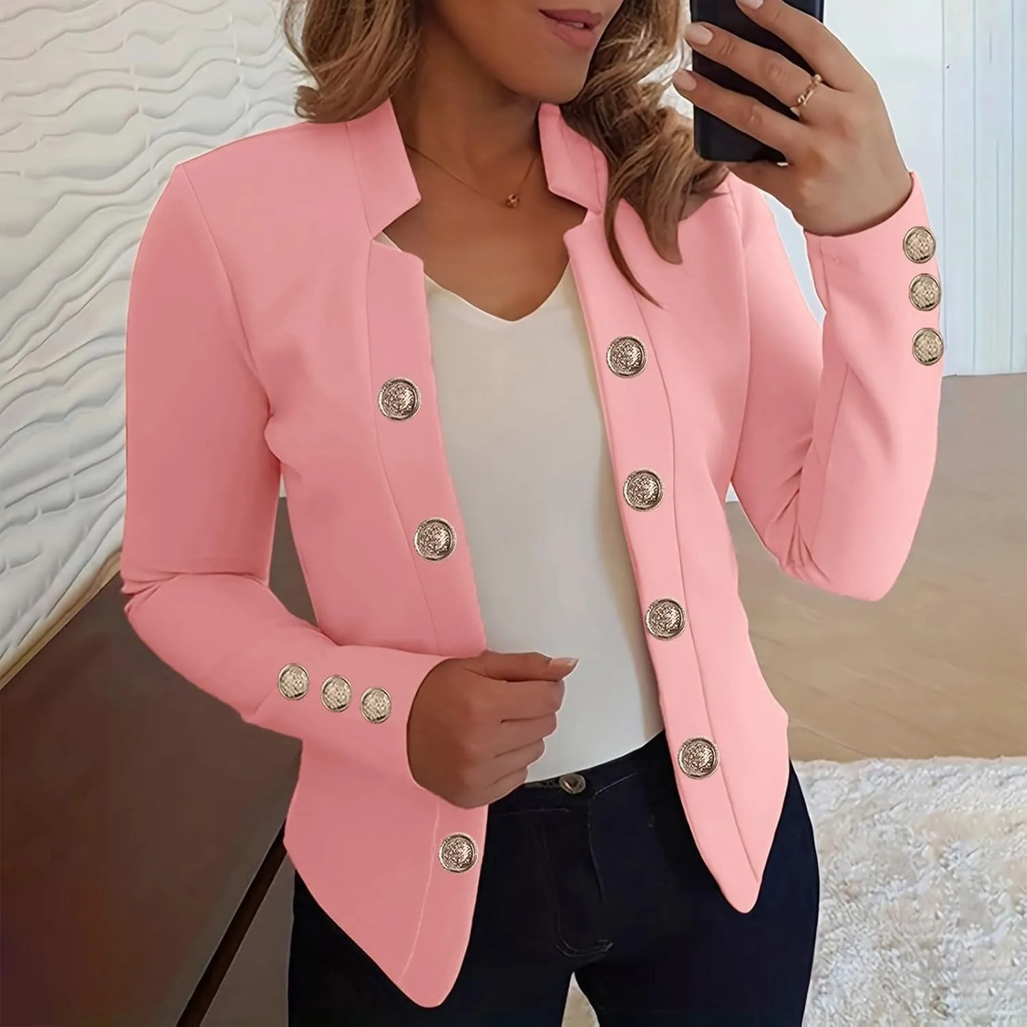 cooki Blazers for Women Work Casual 2024 Fall Long Sleeve Notch Cardigans Open Front Button Dressy Cropped Blazer Jackets