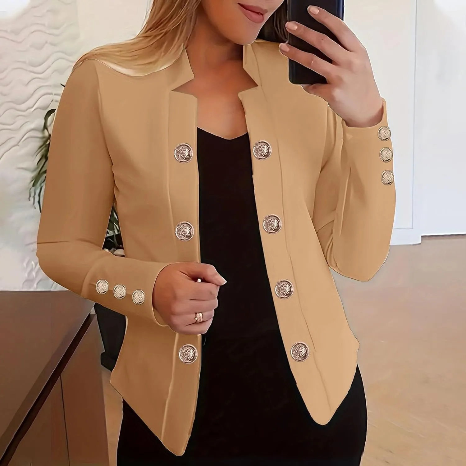 cooki Blazers for Women Work Casual 2024 Fall Long Sleeve Notch Cardigans Open Front Button Dressy Cropped Blazer Jackets