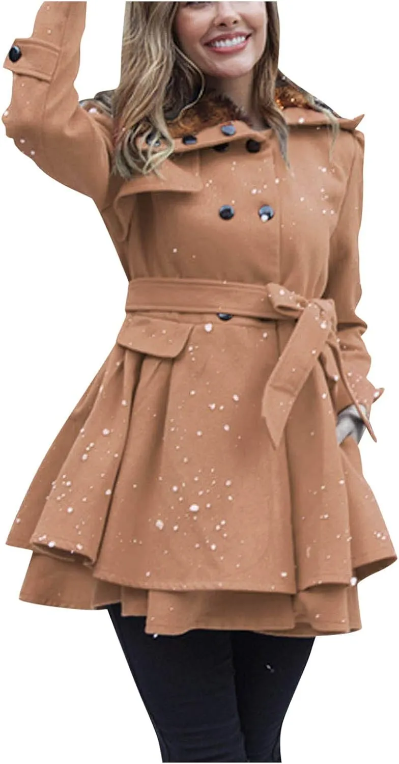 cooki Fall Jackets for Women 2023 Women Wool Trench Coat Winter Double-Breasted Jacket with Belts Casual Winter Classic Coat