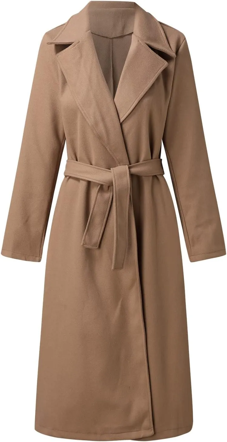 cooki Long Trench Coat for Women Casual Winter Warm Wool Coat Fall Lapel Collar Jackets Belted Tie Waisted Pea Coats