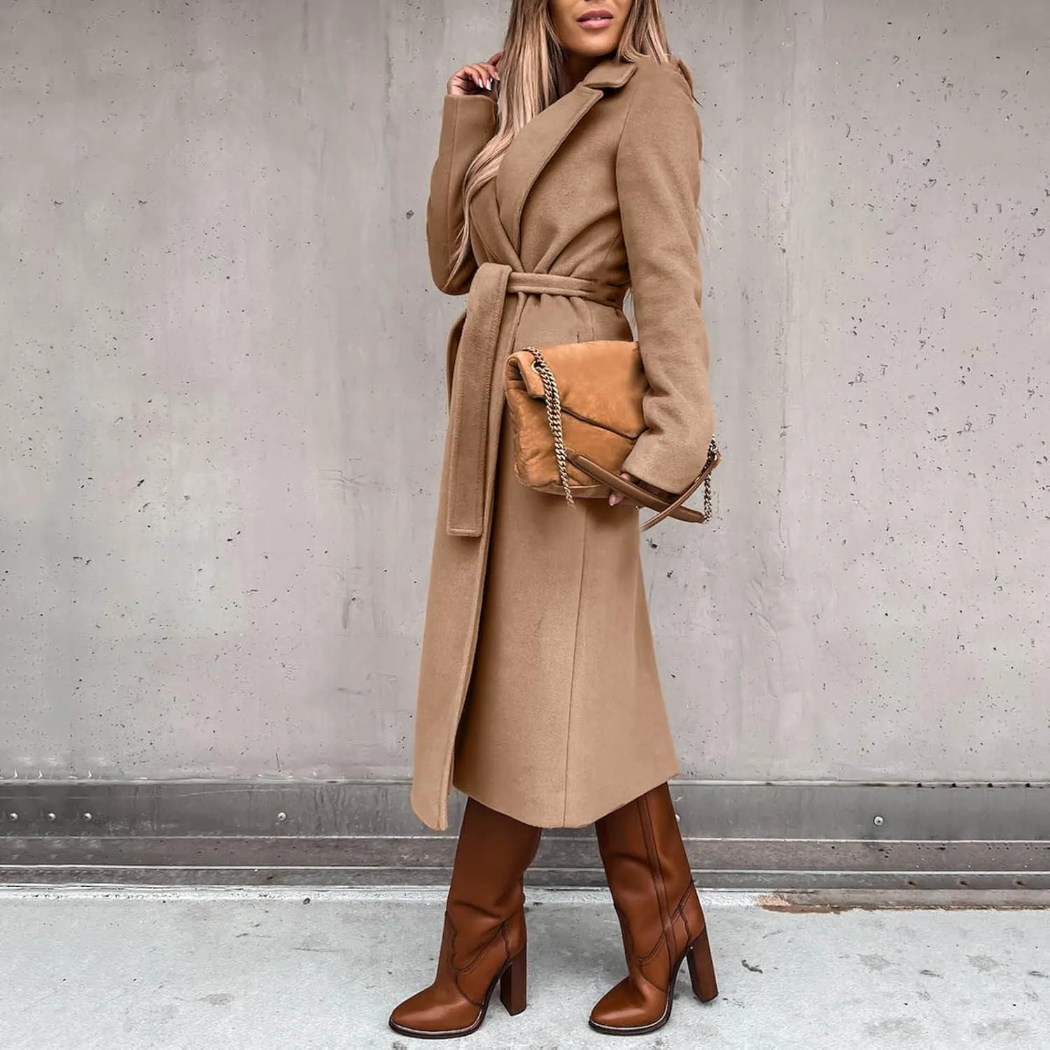 cooki Long Trench Coat for Women Casual Winter Warm Wool Coat Fall Lapel Collar Jackets Belted Tie Waisted Pea Coats