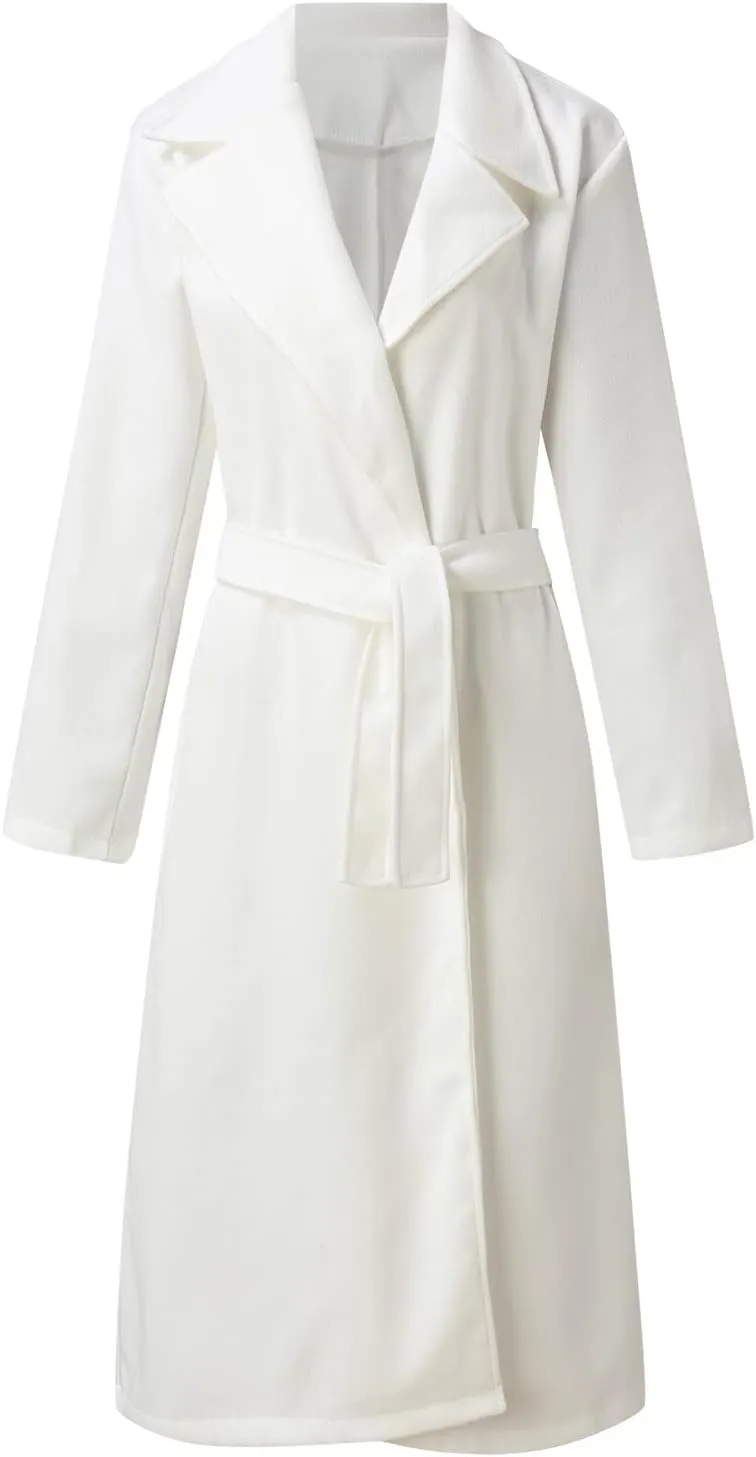 cooki Long Trench Coat for Women Casual Winter Warm Wool Coat Fall Lapel Collar Jackets Belted Tie Waisted Pea Coats