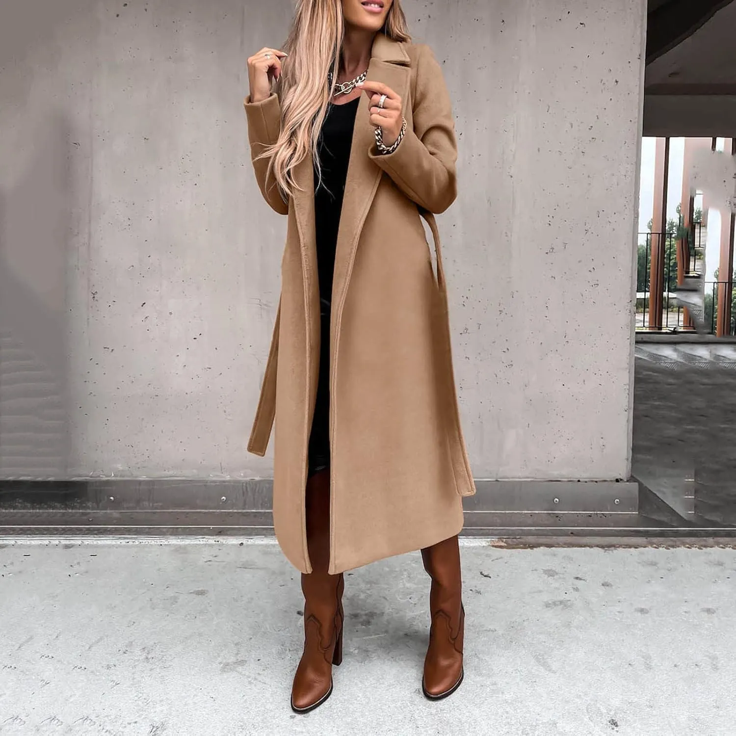 cooki Long Trench Coat for Women Casual Winter Warm Wool Coat Fall Lapel Collar Jackets Belted Tie Waisted Pea Coats