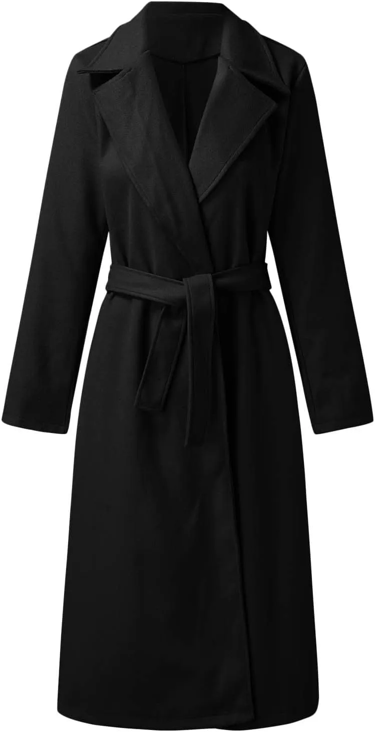 cooki Long Trench Coat for Women Casual Winter Warm Wool Coat Fall Lapel Collar Jackets Belted Tie Waisted Pea Coats