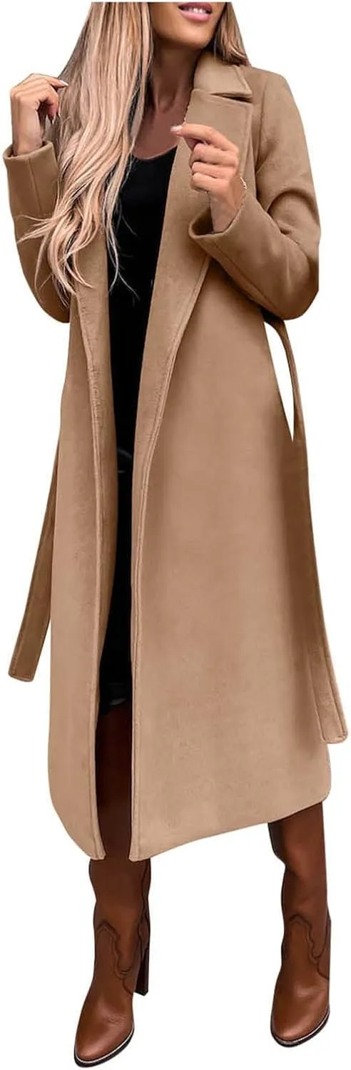 cooki Long Trench Coat for Women Casual Winter Warm Wool Coat Fall Lapel Collar Jackets Belted Tie Waisted Pea Coats
