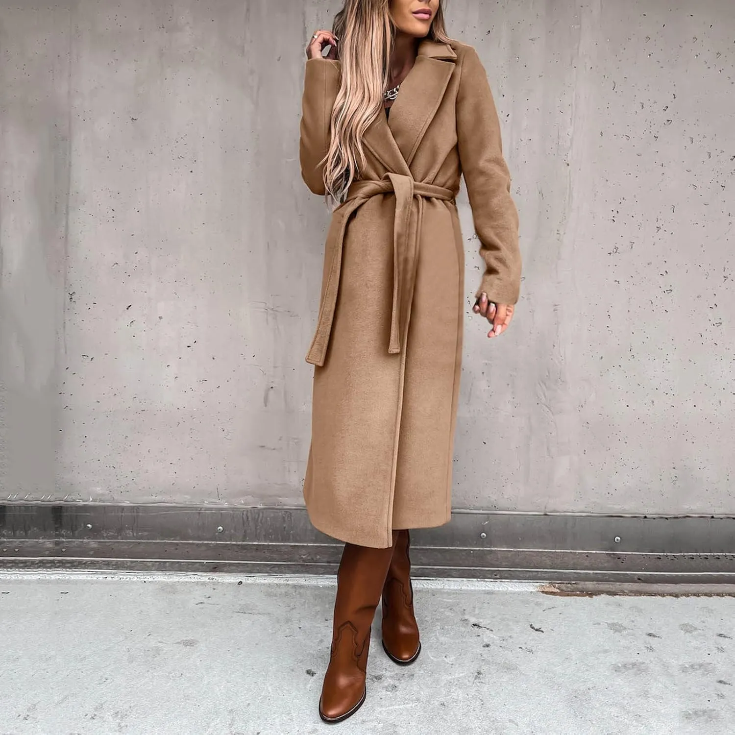 cooki Long Trench Coat for Women Casual Winter Warm Wool Coat Fall Lapel Collar Jackets Belted Tie Waisted Pea Coats
