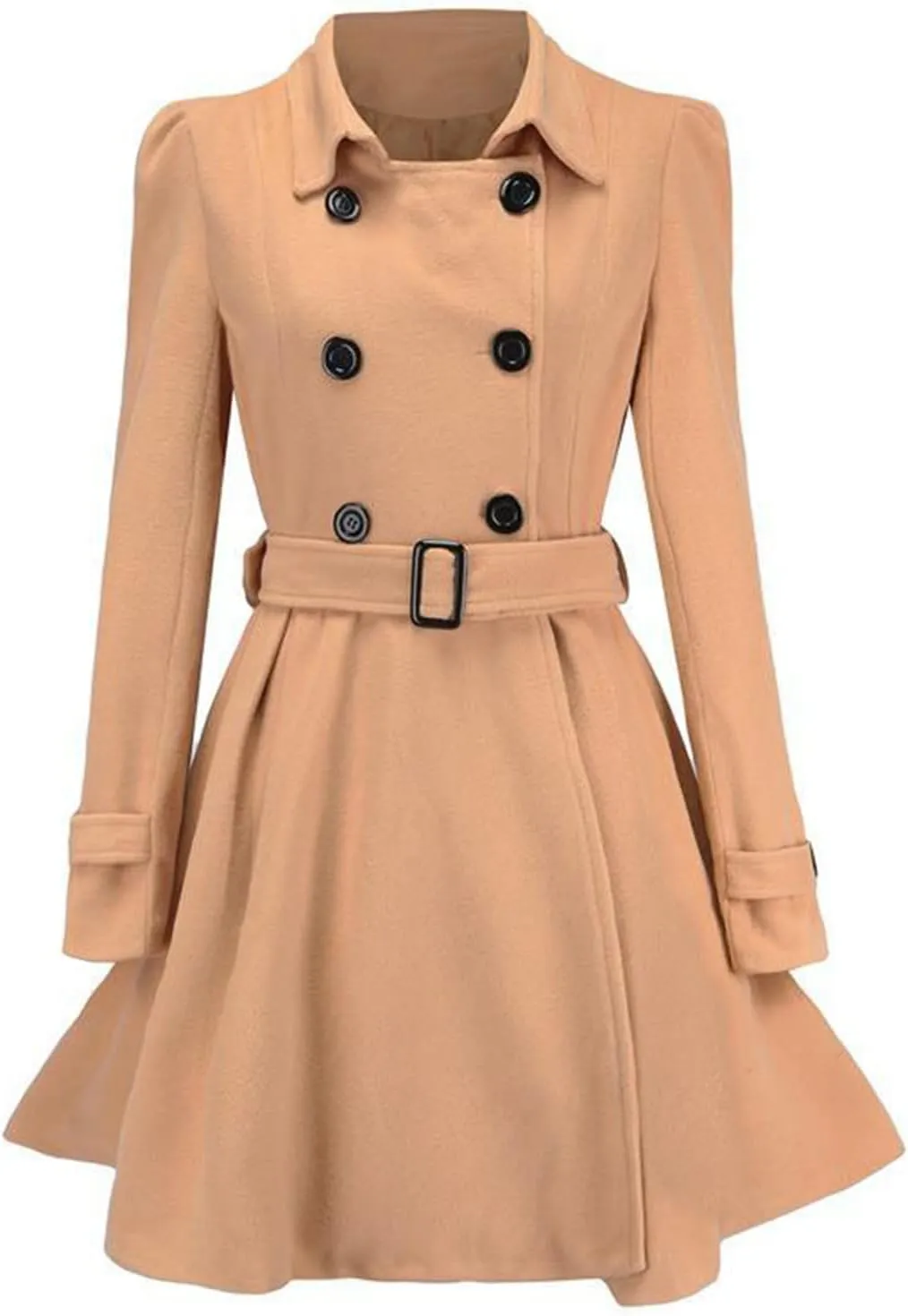 cooki Trench Coat for Women 2023 Women Swing Double Breasted Wool Pea Coat with Belt Buckle Mid-Long Lapel Dresses Outwear