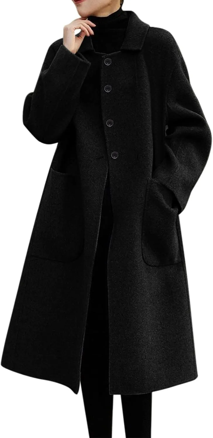 cooki Trench Coat for Women 2023 Women's Winter Single Breasted Wool Blend Trench Coat Warm Lapel Collar Pea Coat Plus Size