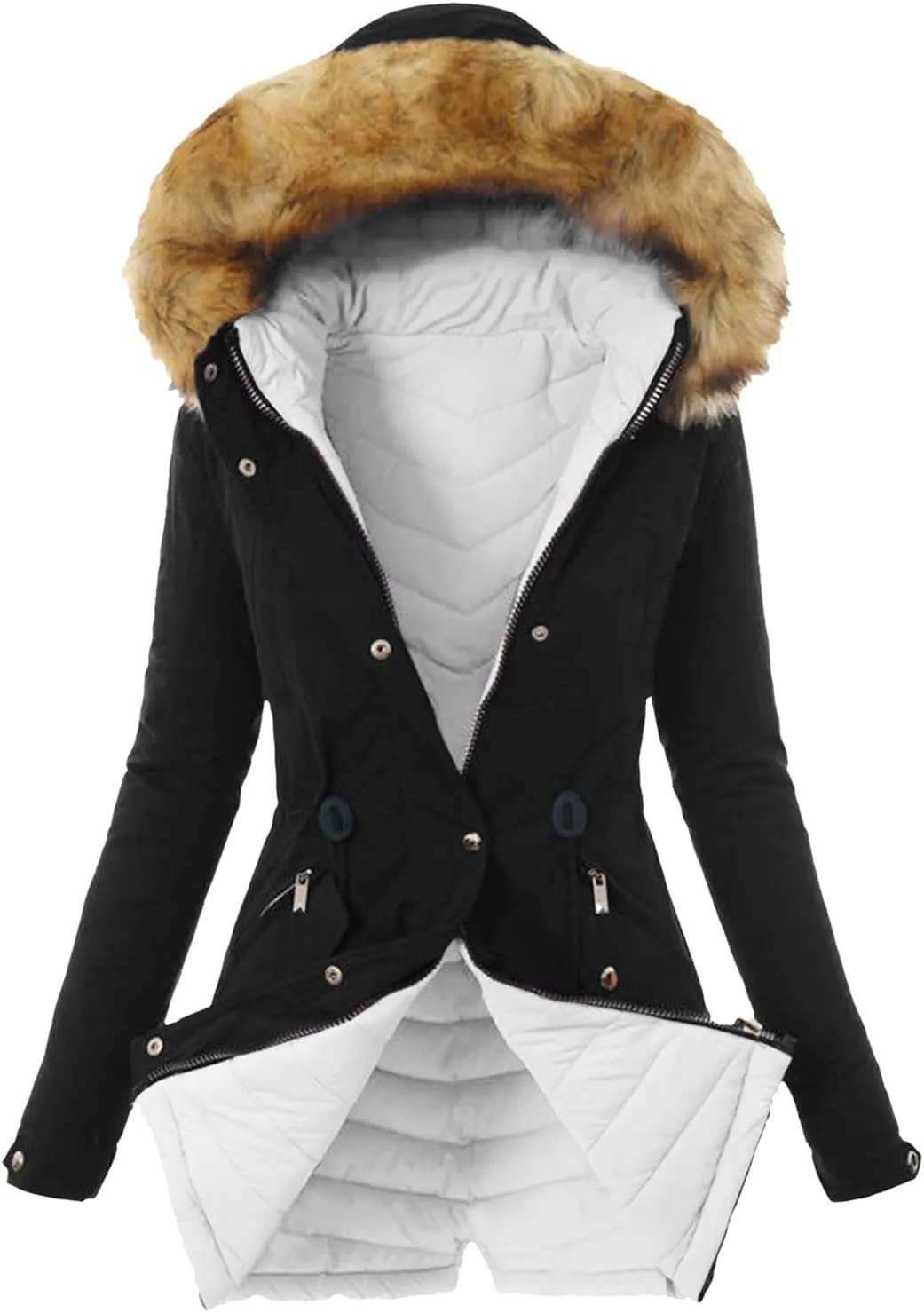 cooki Winter Coats for Women Fleece Lined Puffer Coat Women Long Down Coat Plus Size Warm Parkas Fur Hooded Padded Jackets