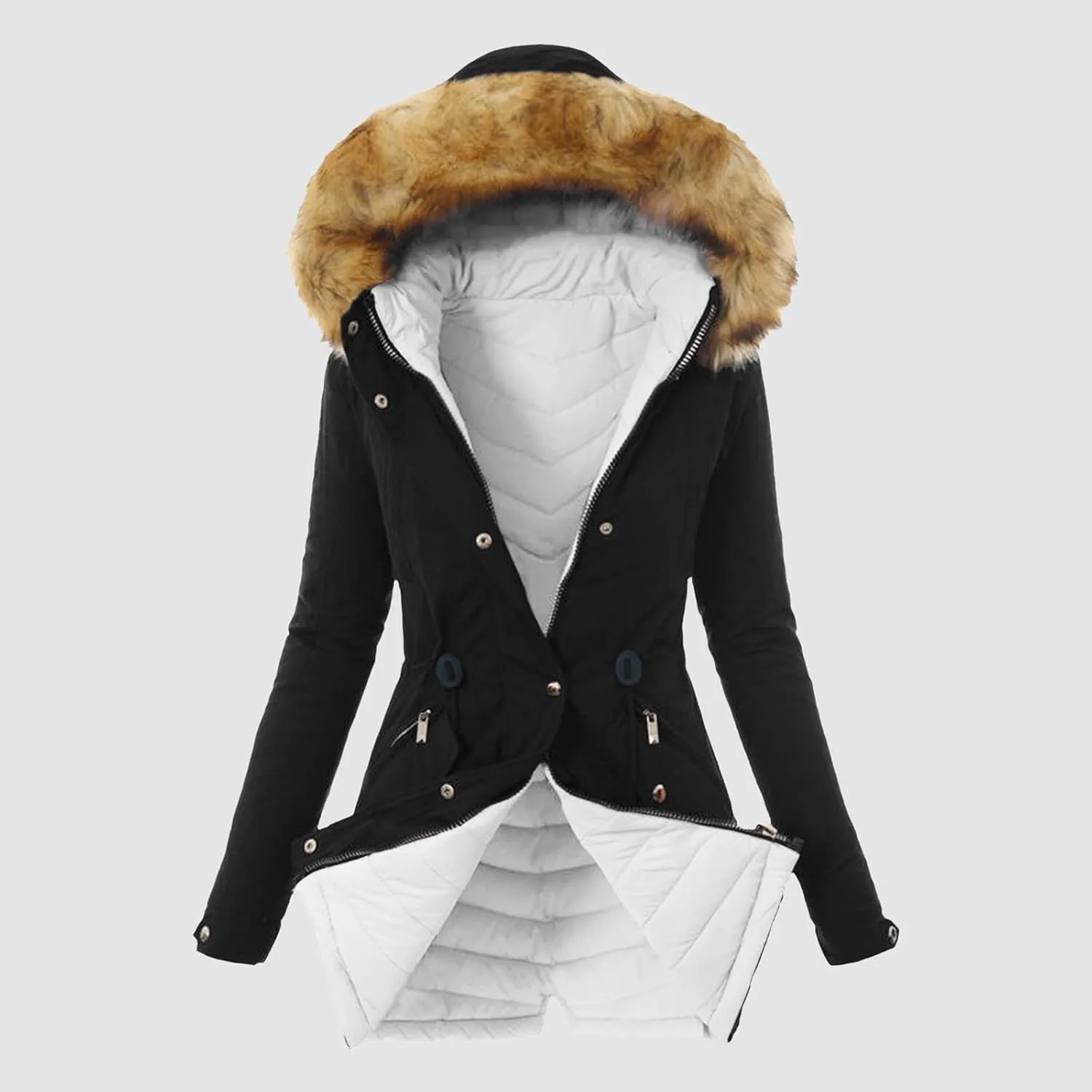 cooki Winter Coats for Women Fleece Lined Puffer Coat Women Long Down Coat Plus Size Warm Parkas Fur Hooded Padded Jackets