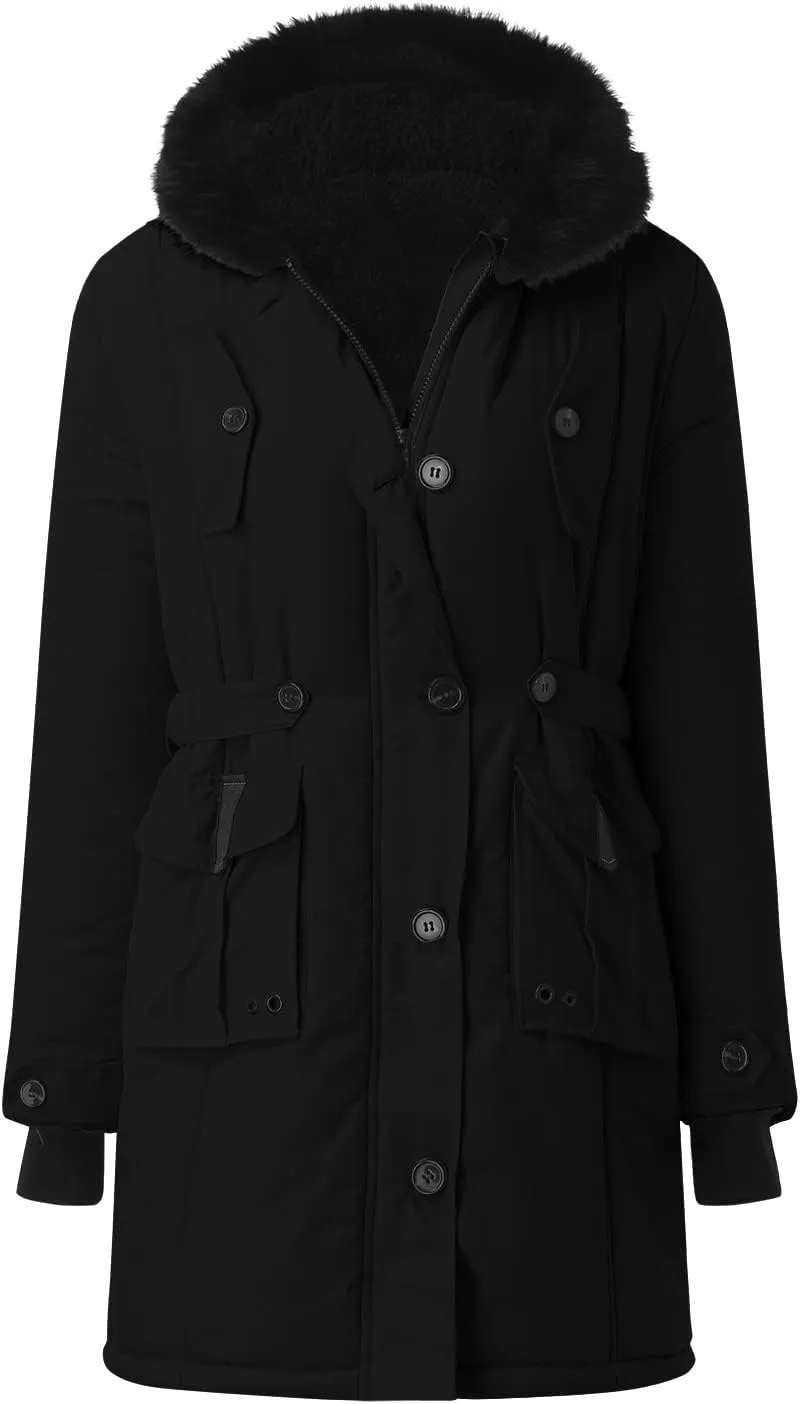 cooki Winter Coats for Women Fleece Lined Puffer Coat Women Long Down Coat Warm Parkas Fur Hooded Outwear Drawstring Overcoat
