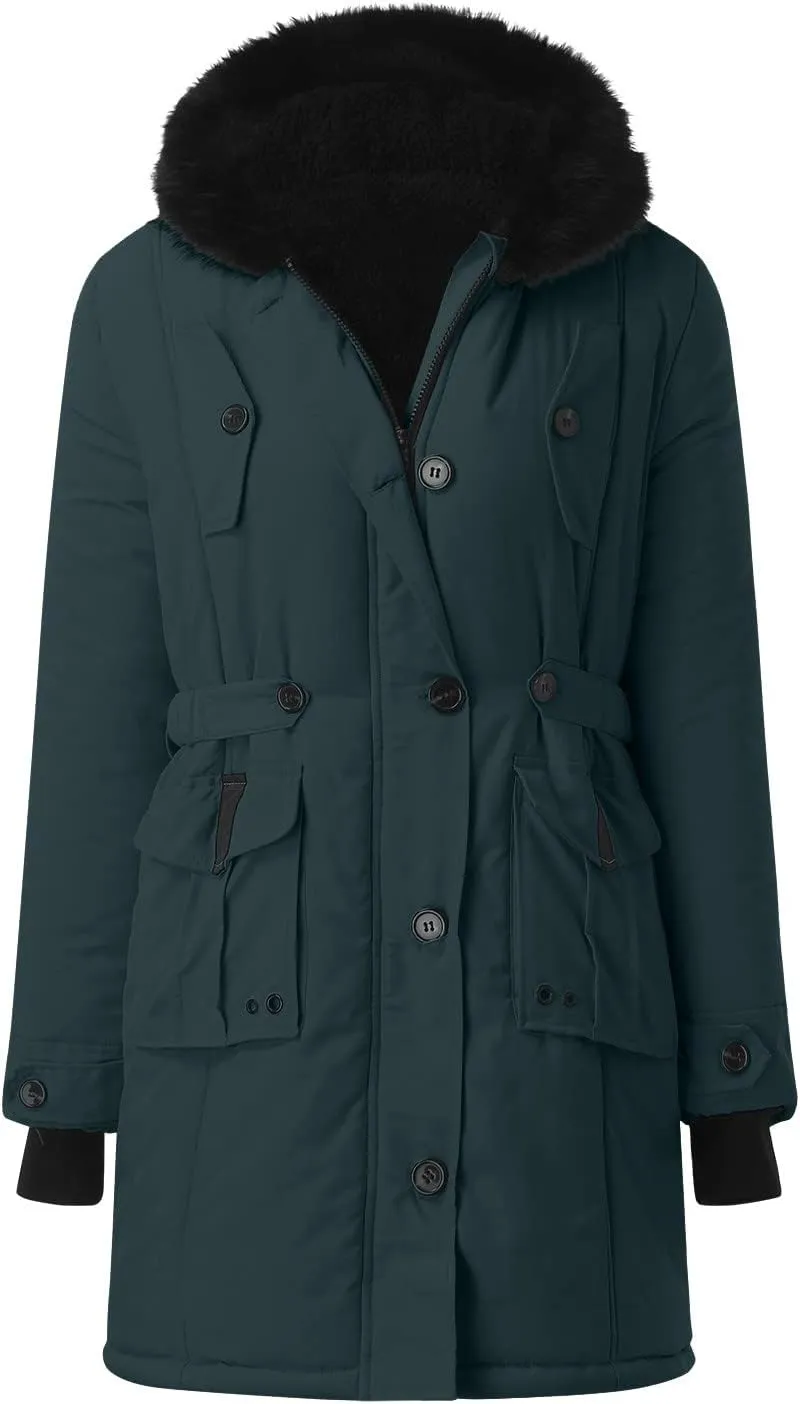 cooki Winter Coats for Women Fleece Lined Puffer Coat Women Long Down Coat Warm Parkas Fur Hooded Outwear Drawstring Overcoat