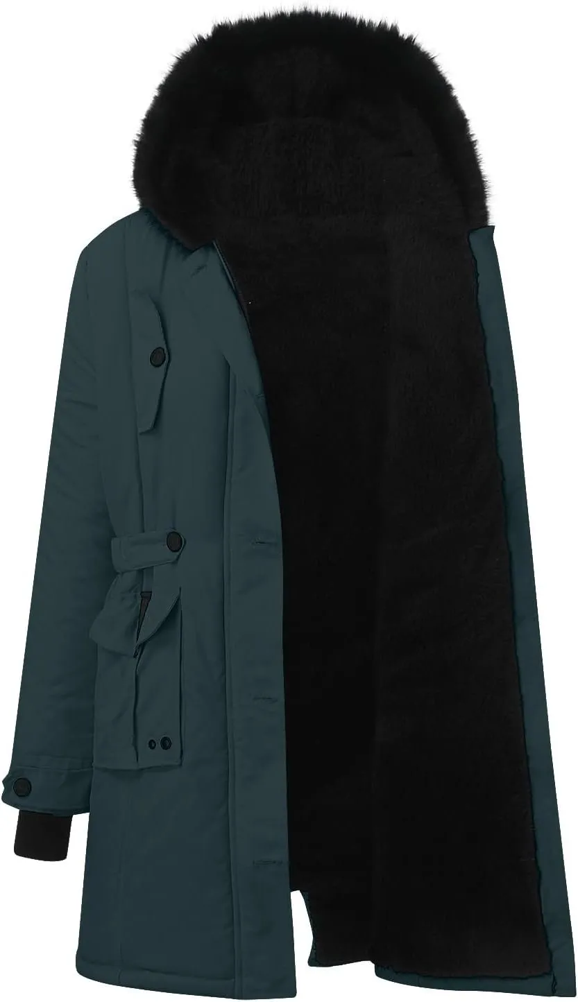 cooki Winter Coats for Women Fleece Lined Puffer Coat Women Long Down Coat Warm Parkas Fur Hooded Outwear Drawstring Overcoat