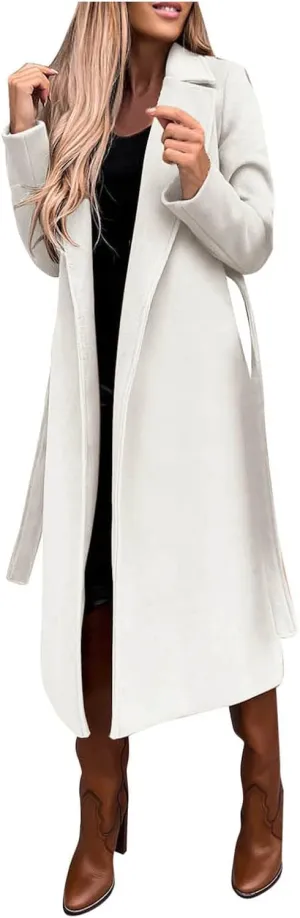 cooki Winter Coats for Women Warm Wool Blend Notch Lapel Open Front Belted Long Pea Coat Slim Fit Jackets Trench Coats