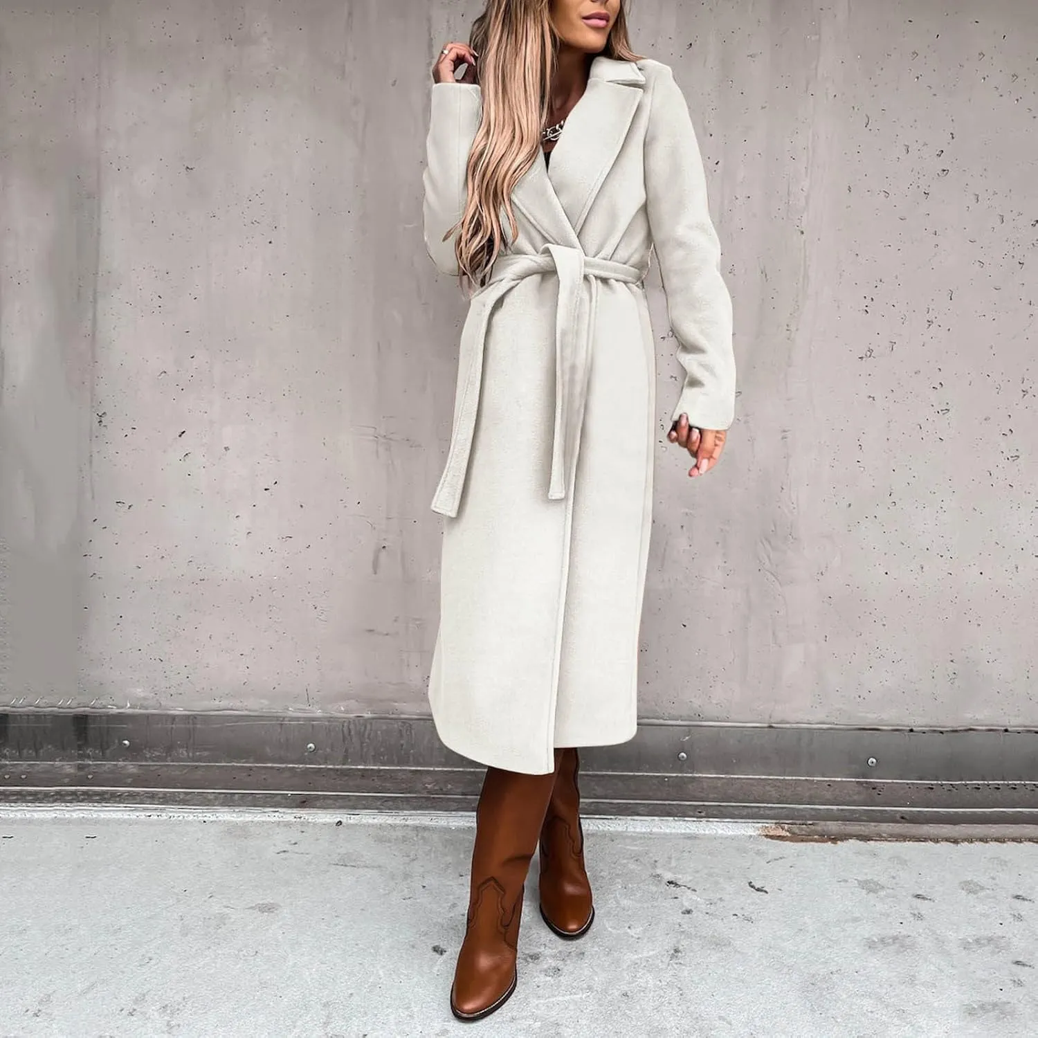 cooki Winter Coats for Women Warm Wool Blend Notch Lapel Open Front Belted Long Pea Coat Slim Fit Jackets Trench Coats