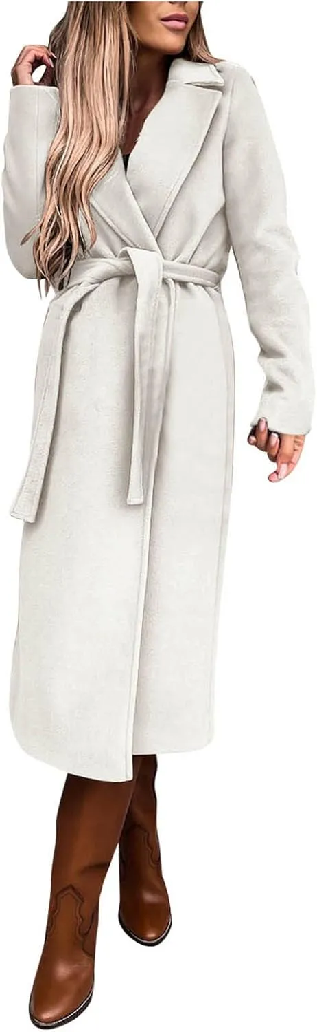 cooki Winter Coats for Women Warm Wool Blend Notch Lapel Open Front Belted Long Pea Coat Slim Fit Jackets Trench Coats