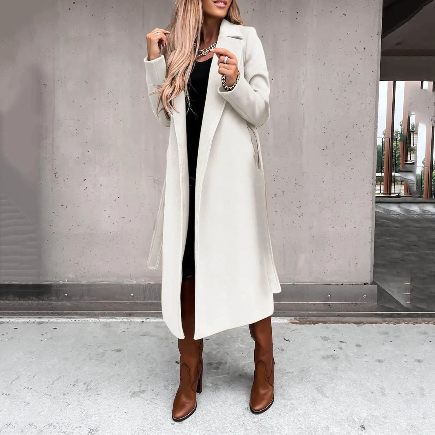 cooki Winter Coats for Women Warm Wool Blend Notch Lapel Open Front Belted Long Pea Coat Slim Fit Jackets Trench Coats