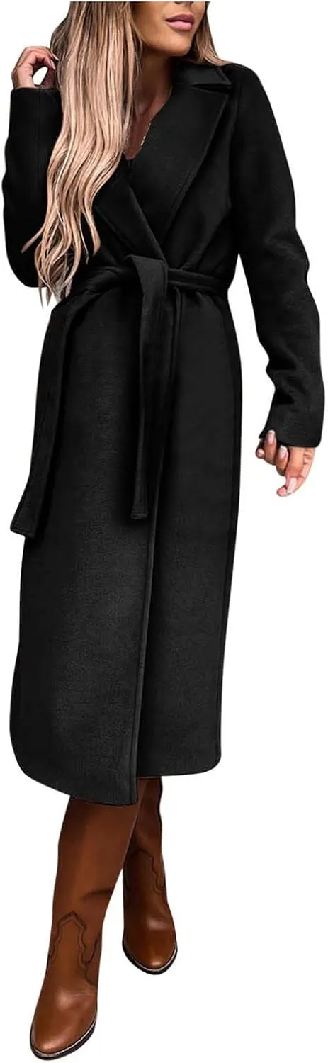 cooki Winter Coats Womens Warm Wool Blend Notch Lapel Open Front Belted Long Pea Coat Slim Fit Jackets Trench Coats