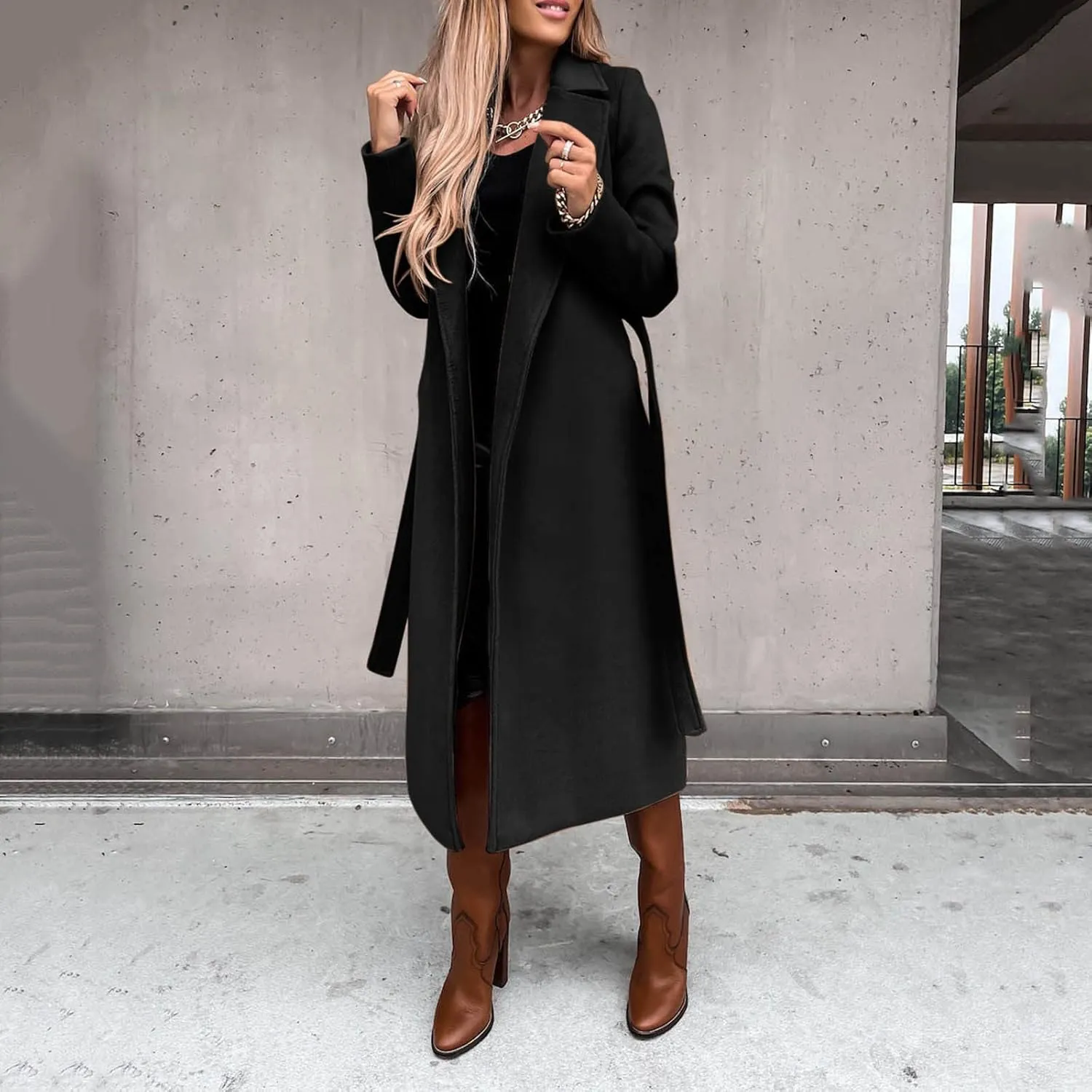 cooki Winter Coats Womens Warm Wool Blend Notch Lapel Open Front Belted Long Pea Coat Slim Fit Jackets Trench Coats