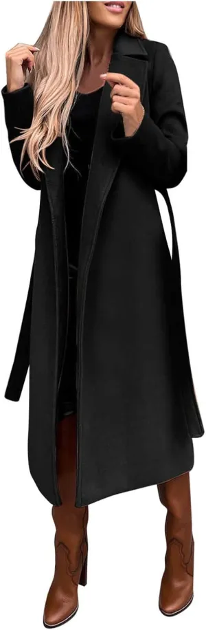 cooki Winter Coats Womens Warm Wool Blend Notch Lapel Open Front Belted Long Pea Coat Slim Fit Jackets Trench Coats