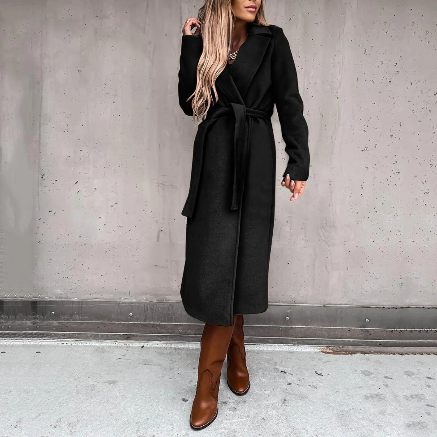 cooki Winter Coats Womens Warm Wool Blend Notch Lapel Open Front Belted Long Pea Coat Slim Fit Jackets Trench Coats