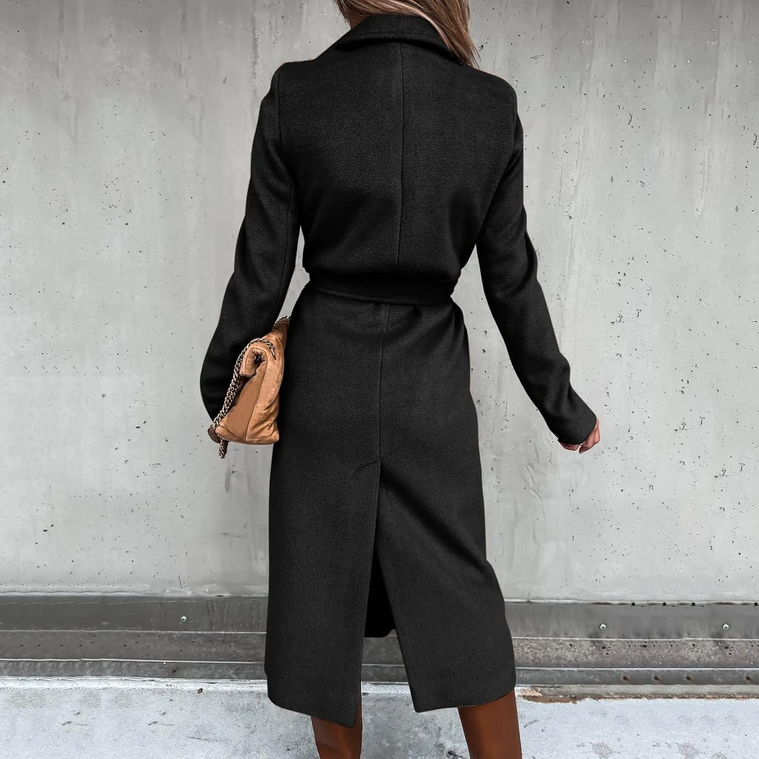 cooki Winter Coats Womens Warm Wool Blend Notch Lapel Open Front Belted Long Pea Coat Slim Fit Jackets Trench Coats