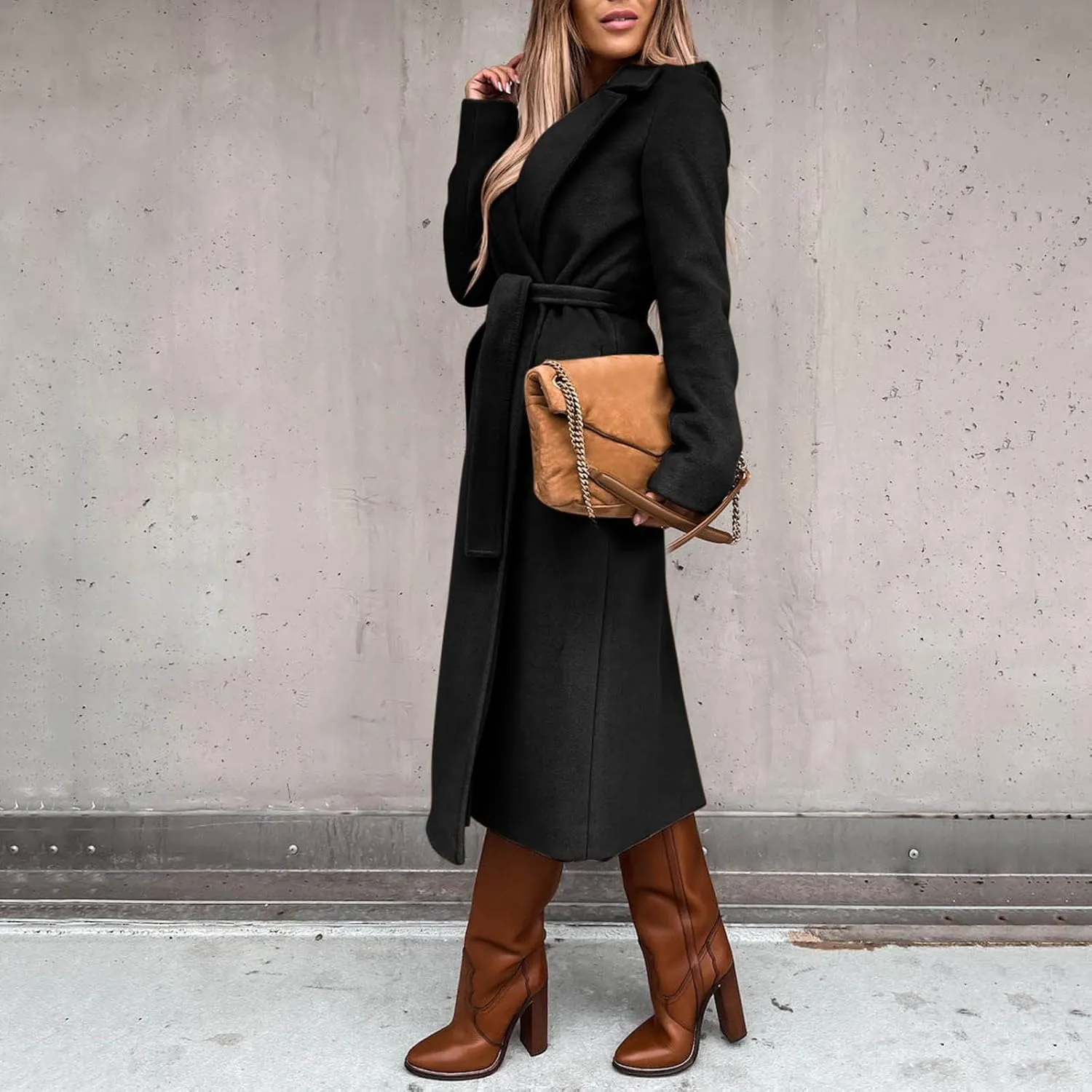 cooki Winter Coats Womens Warm Wool Blend Notch Lapel Open Front Belted Long Pea Coat Slim Fit Jackets Trench Coats