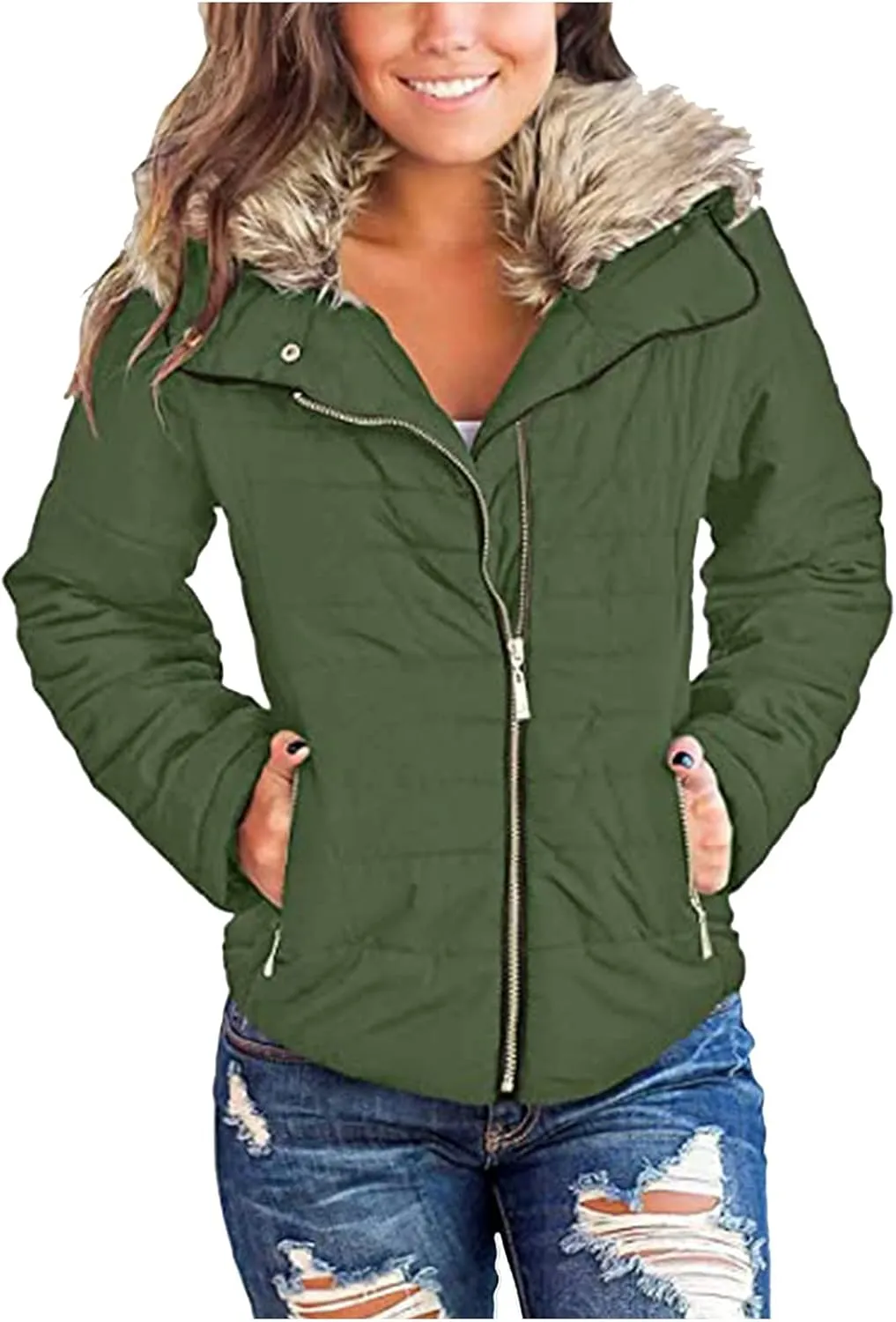 cooki Womens Winter Coats 2023 Women's Cashmere Coats Casual Faux Fur Lapel Zip Pockets Quilted Parka Jacket Puffer Coat