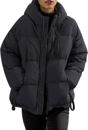 cooki Womens Winter Coats Long Sleeve Zip Puffer Jacket Stand Collar Baggy Short Down Coats with Pockets Thicken Cropped Coat