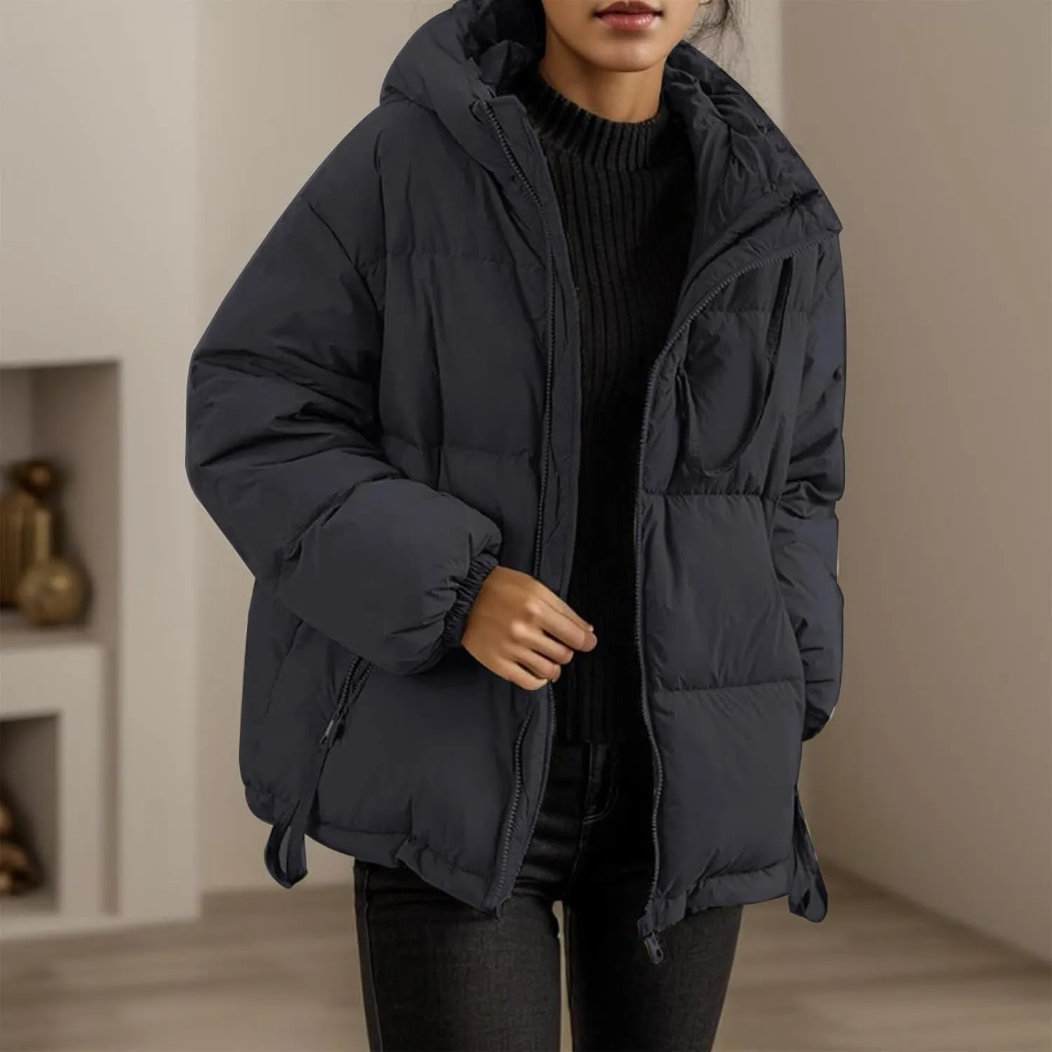 cooki Womens Winter Coats Long Sleeve Zip Puffer Jacket Stand Collar Baggy Short Down Coats with Pockets Thicken Cropped Coat