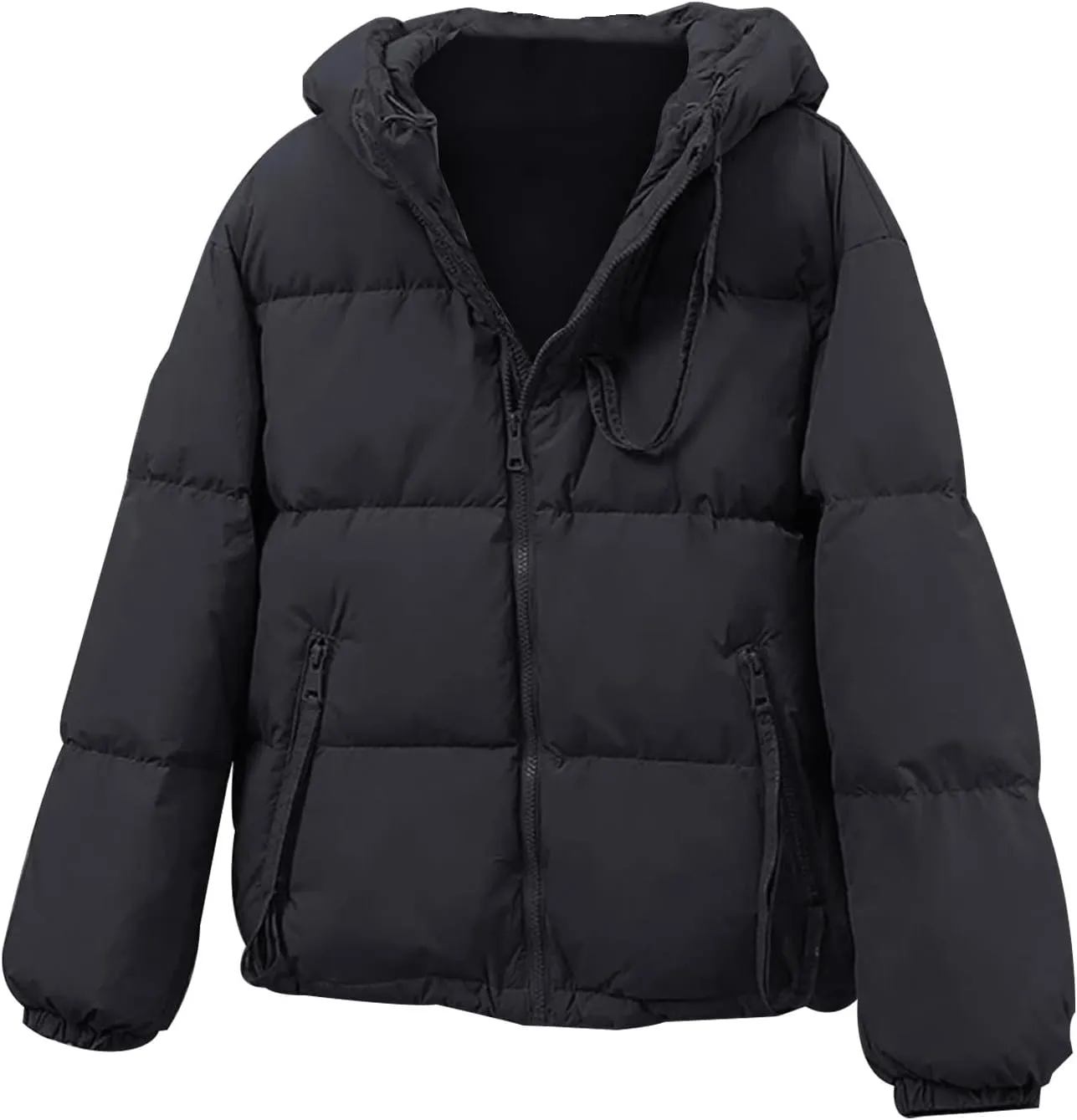 cooki Womens Winter Coats Long Sleeve Zip Puffer Jacket Stand Collar Baggy Short Down Coats with Pockets Thicken Cropped Coat