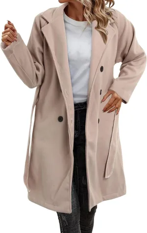 cooki Wool Coats for Women Long Double Breasted Trench Coat Women Lapel Wool Blend Pea Coat Winter Warm Casual Dress Coat