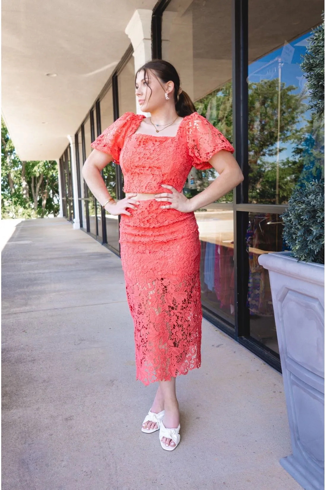 Coral Lace Cropped Top & Skirt Set