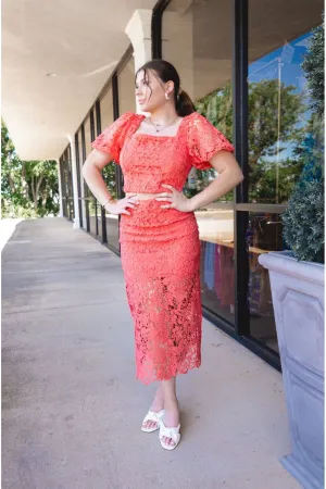 Coral Lace Cropped Top & Skirt Set