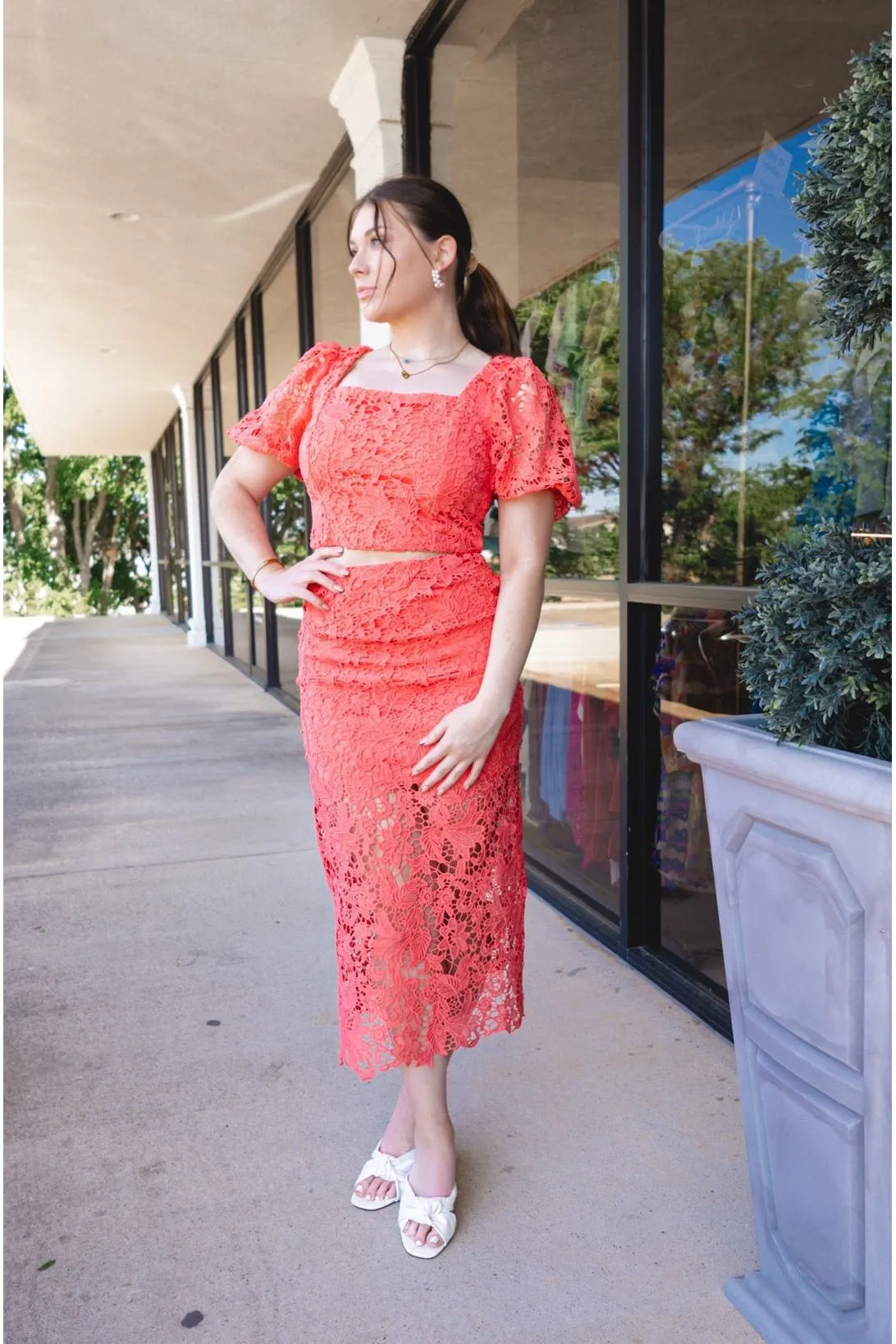 Coral Lace Cropped Top & Skirt Set