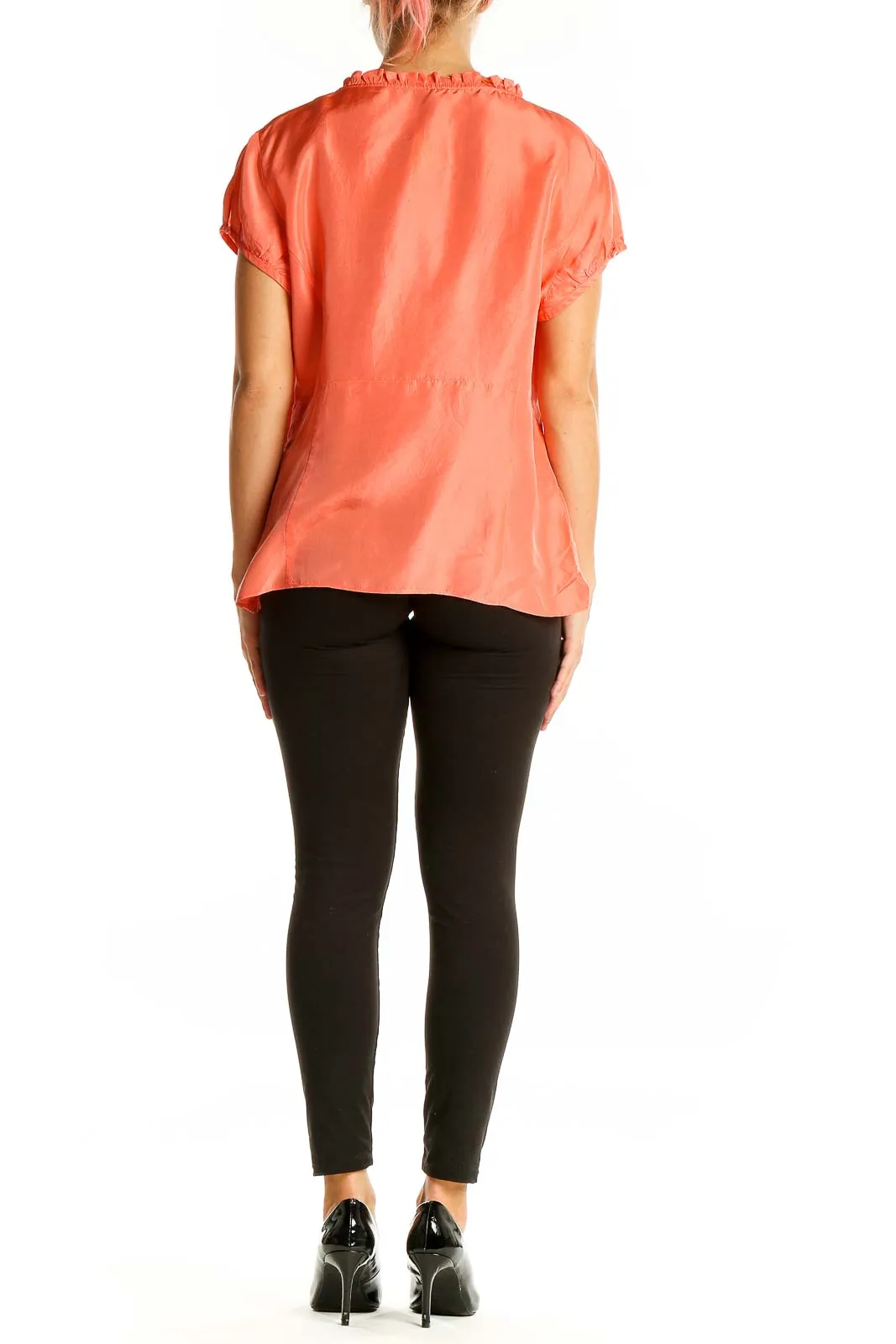 Coral Silk Ruffle-Neck Blouse