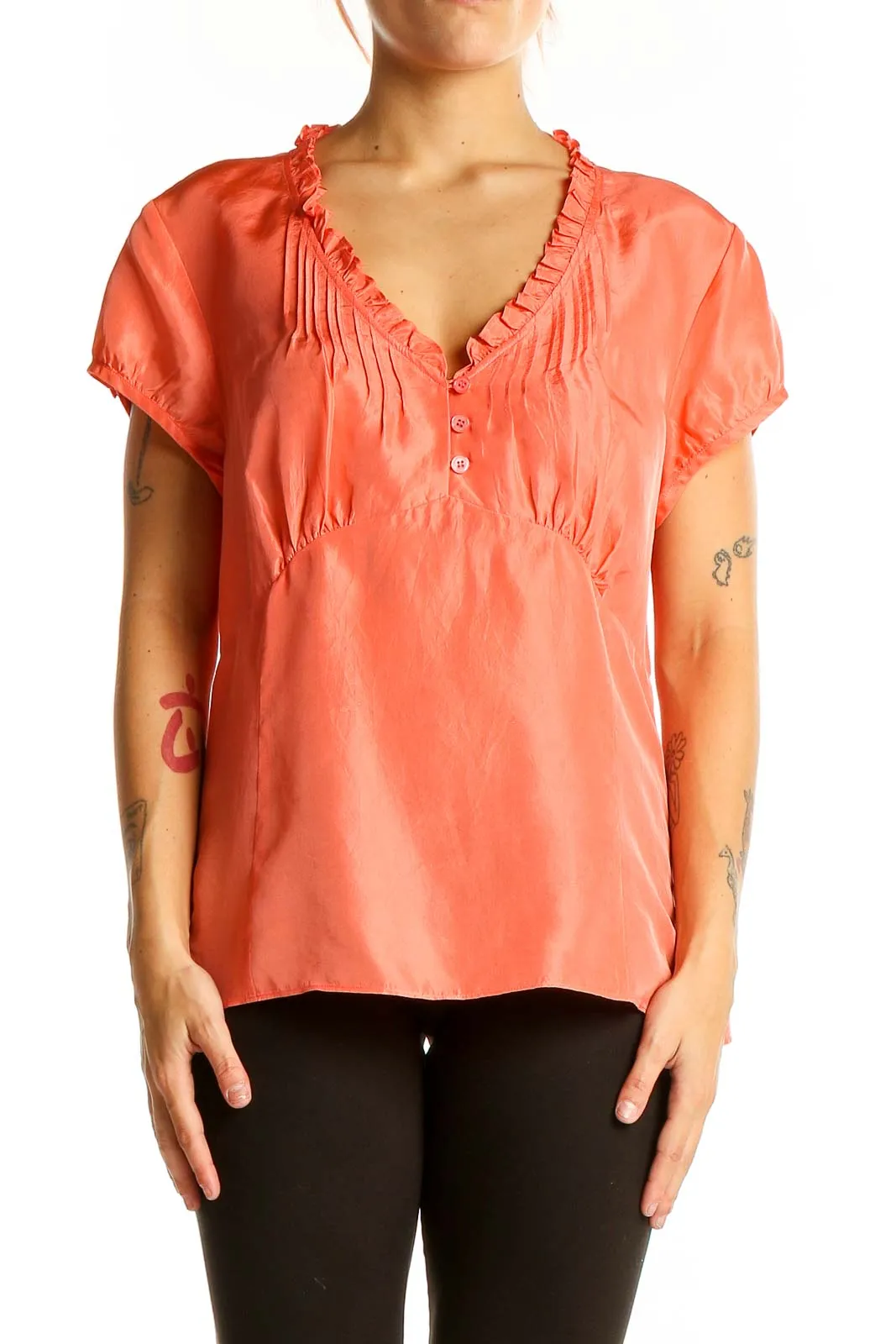 Coral Silk Ruffle-Neck Blouse