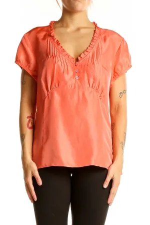 Coral Silk Ruffle-Neck Blouse